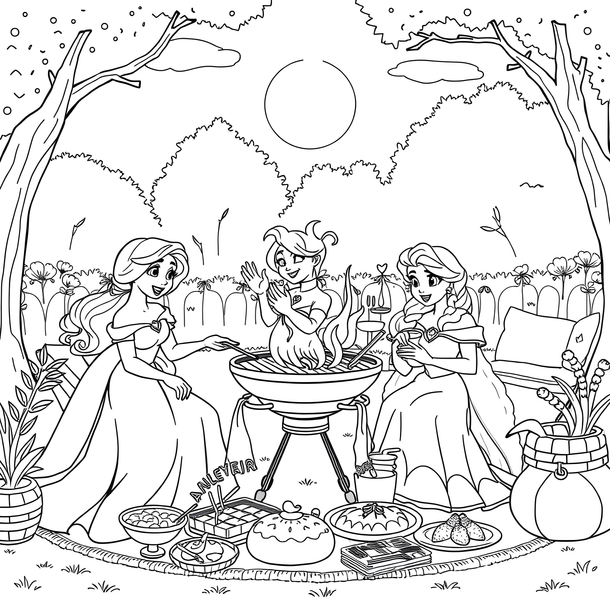 Character Princesses Enjoying a Picnic in Nature Coloring Page (free black-and-white line drawing printable PDF for all, from beginners to advanced learners, including children, teens, adults, and seniors)