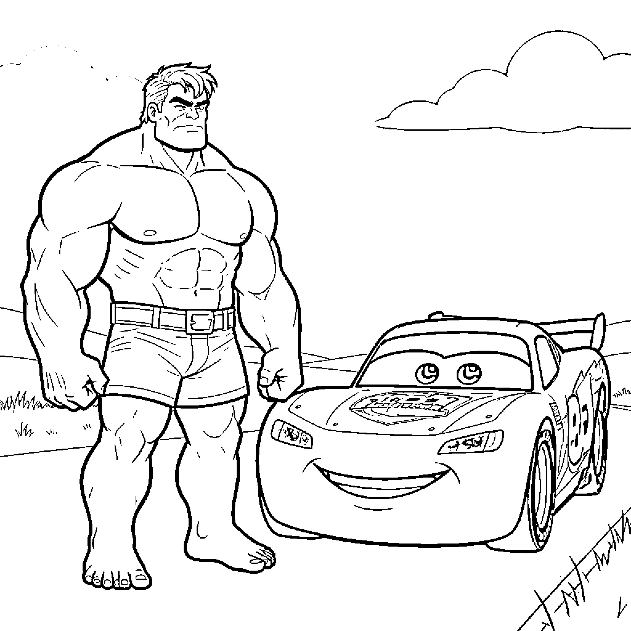 Hulk and the speedy car adventure Coloring Page (free black-and-white line drawing printable PDF for all, from beginners to advanced learners, including children, teens, adults, and seniors)