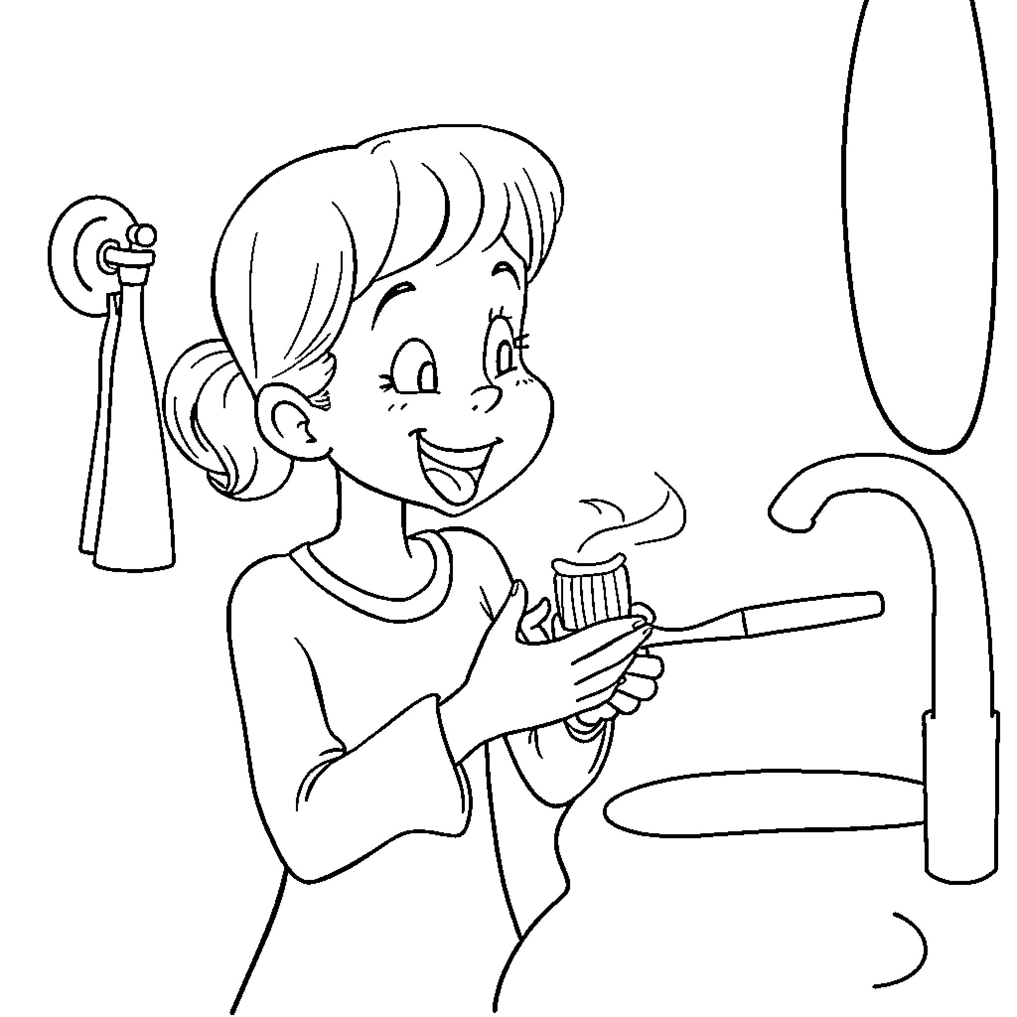 Hygiene Practices: Brushing Teeth Happily Coloring Page (free black-and-white line drawing printable PDF for all, from beginners to advanced learners, including children, teens, adults, and seniors)