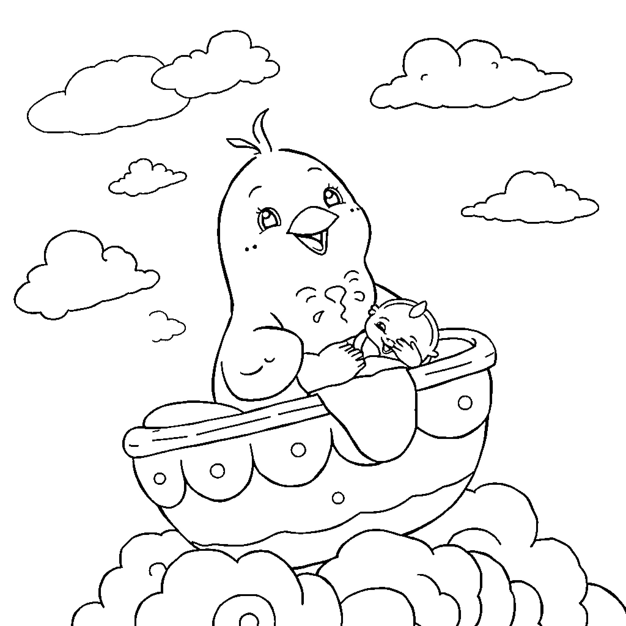 Stork carrying baby in a stroller through the clouds Coloring Page (free black-and-white line drawing printable PDF for all, from beginners to advanced learners, including children, teens, adults, and seniors)