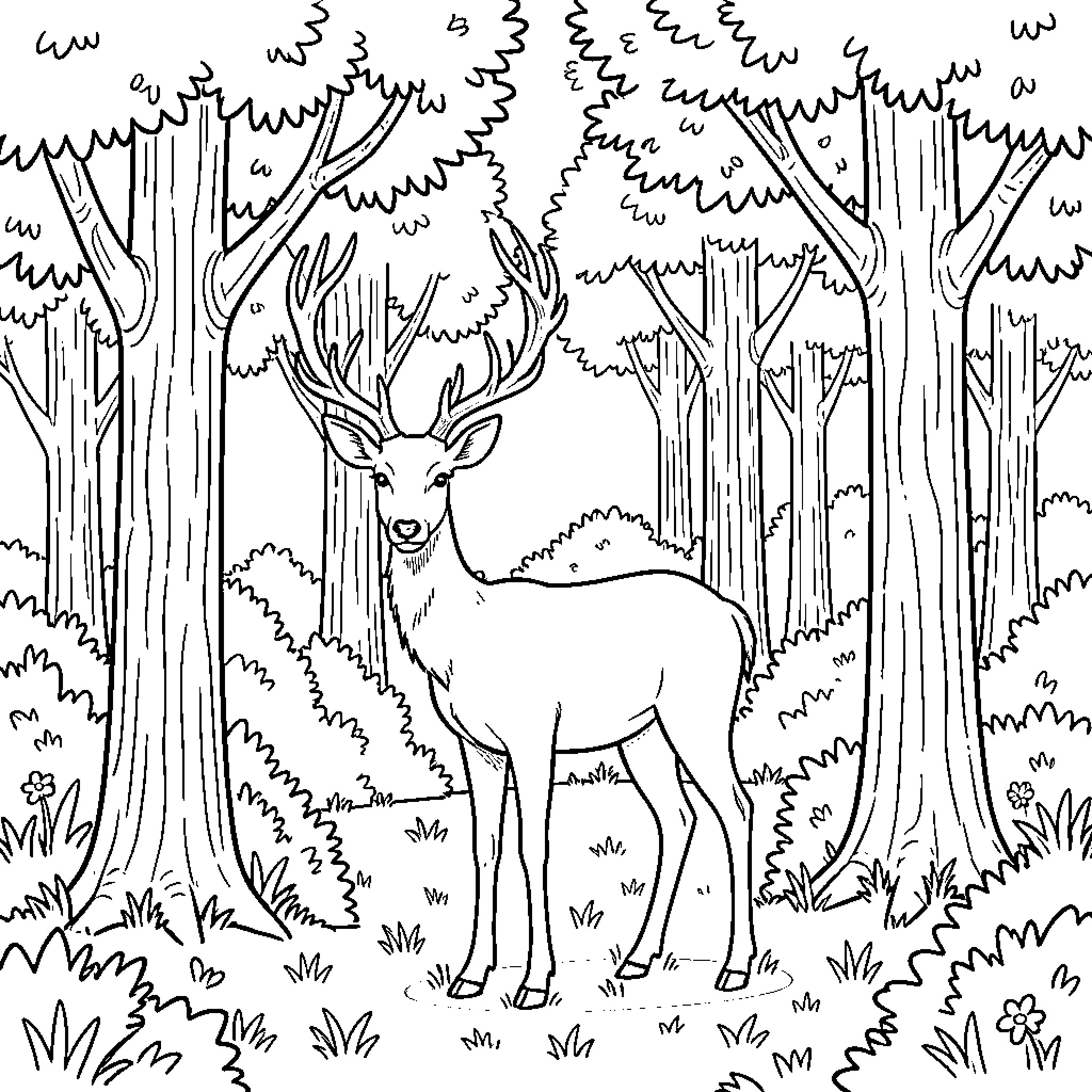 Deer standing amidst the forest trees Coloring Page (free black-and-white line drawing printable PDF for all, from beginners to advanced learners, including children, teens, adults, and seniors)