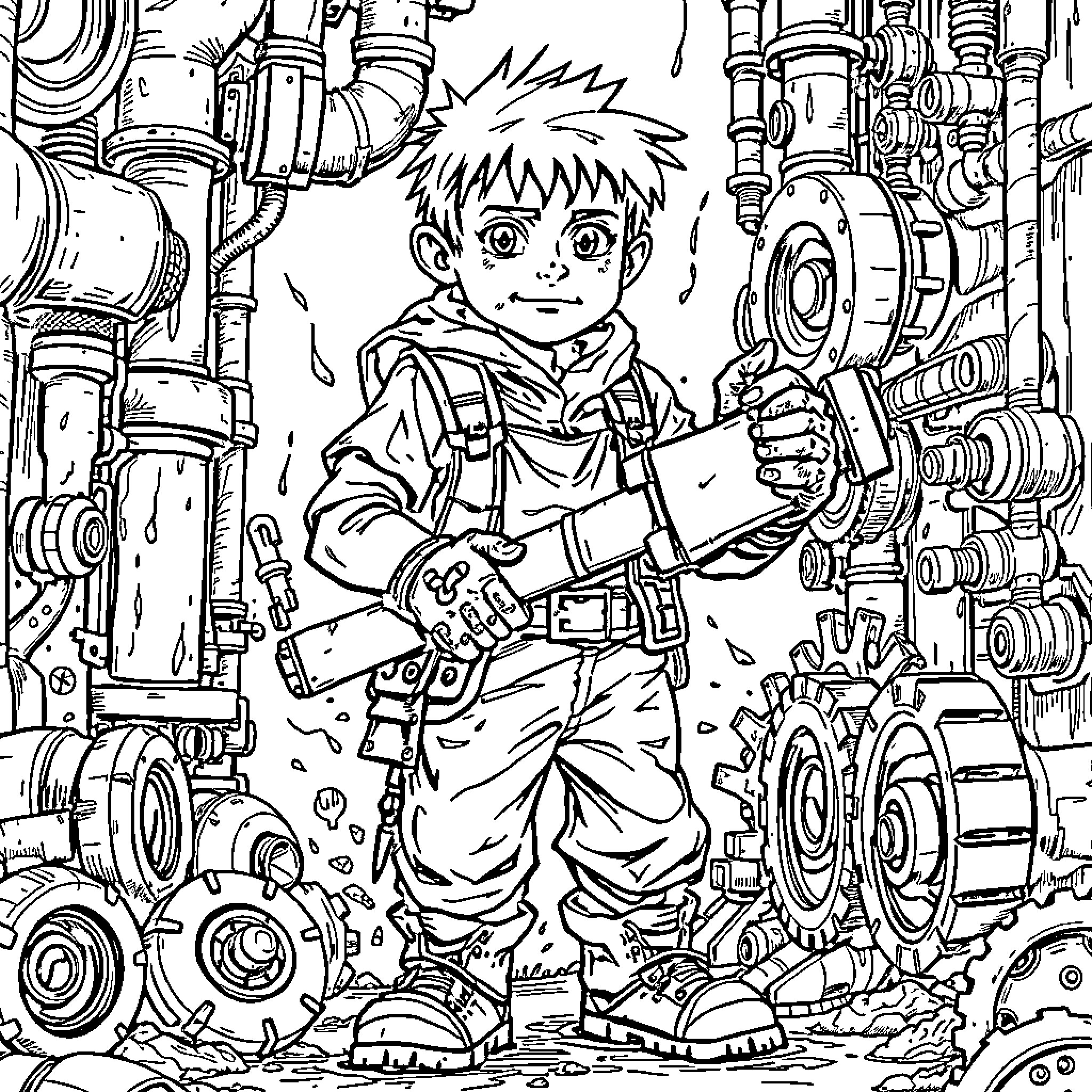 Boy exploring a futuristic technological landscape Coloring Page (free black-and-white line drawing printable PDF for all, from beginners to advanced learners, including children, teens, adults, and seniors)