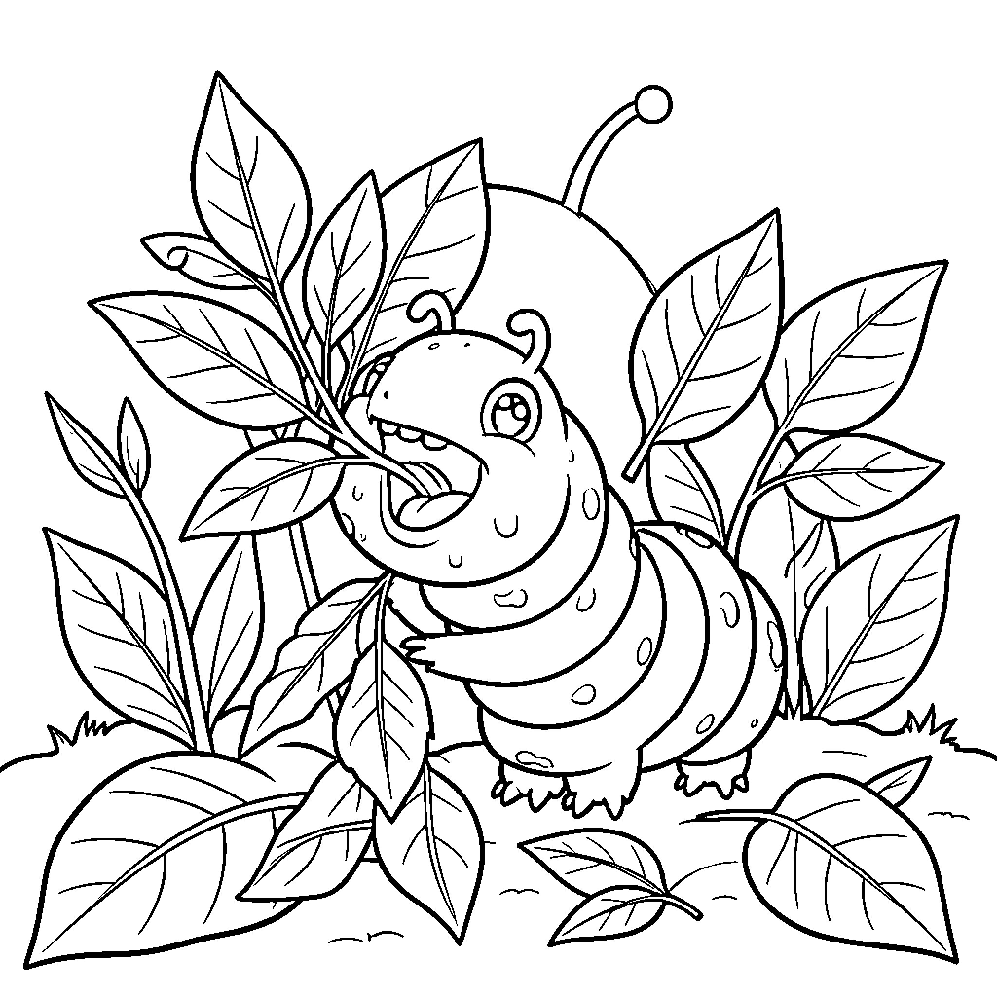Caterpillar in the Foliage Coloring Page (free black-and-white line drawing printable PDF for all, from beginners to advanced learners, including children, teens, adults, and seniors)