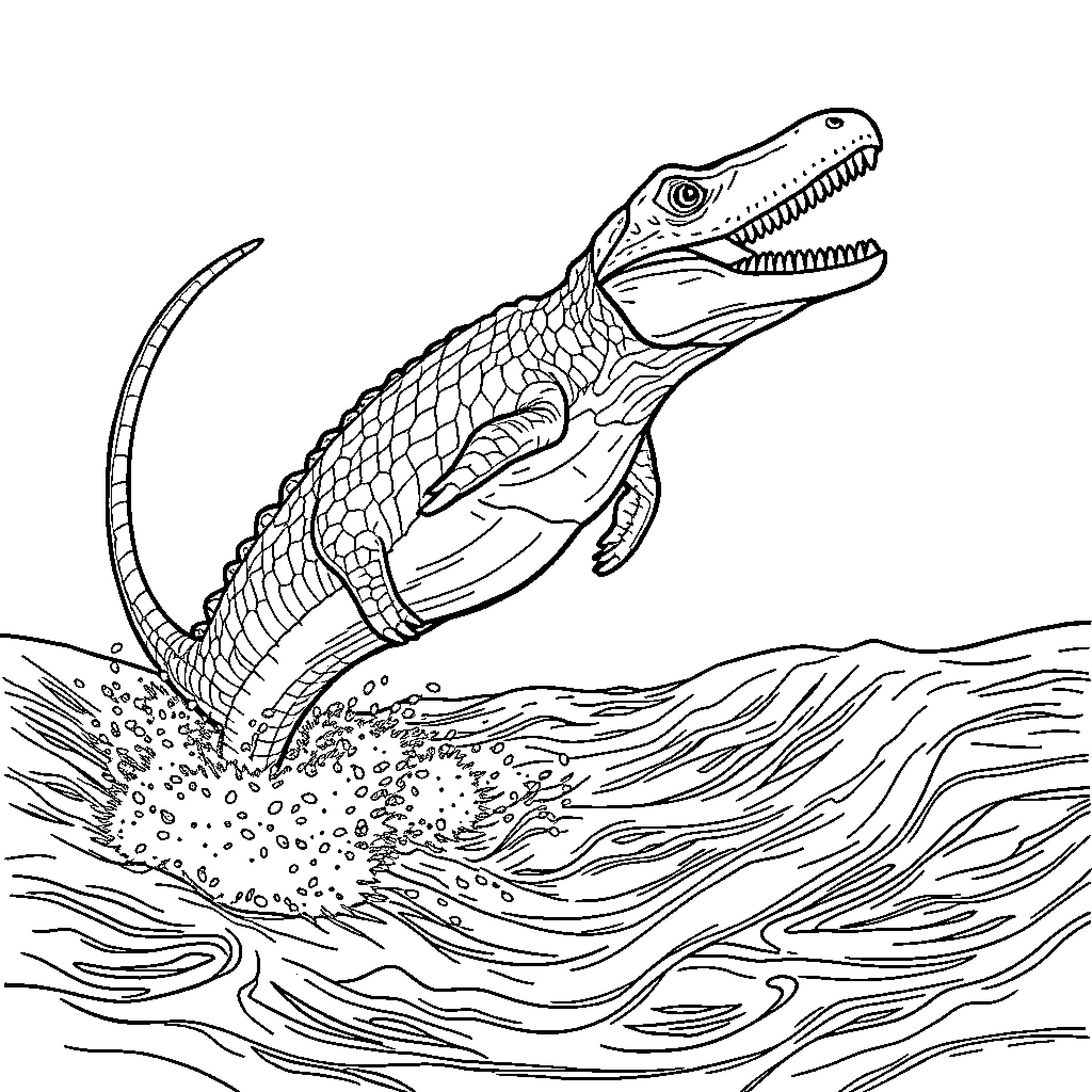 Mosasaurus hunting in the prehistoric ocean Coloring Page (free black-and-white line drawing printable PDF for all, from beginners to advanced learners, including children, teens, adults, and seniors)