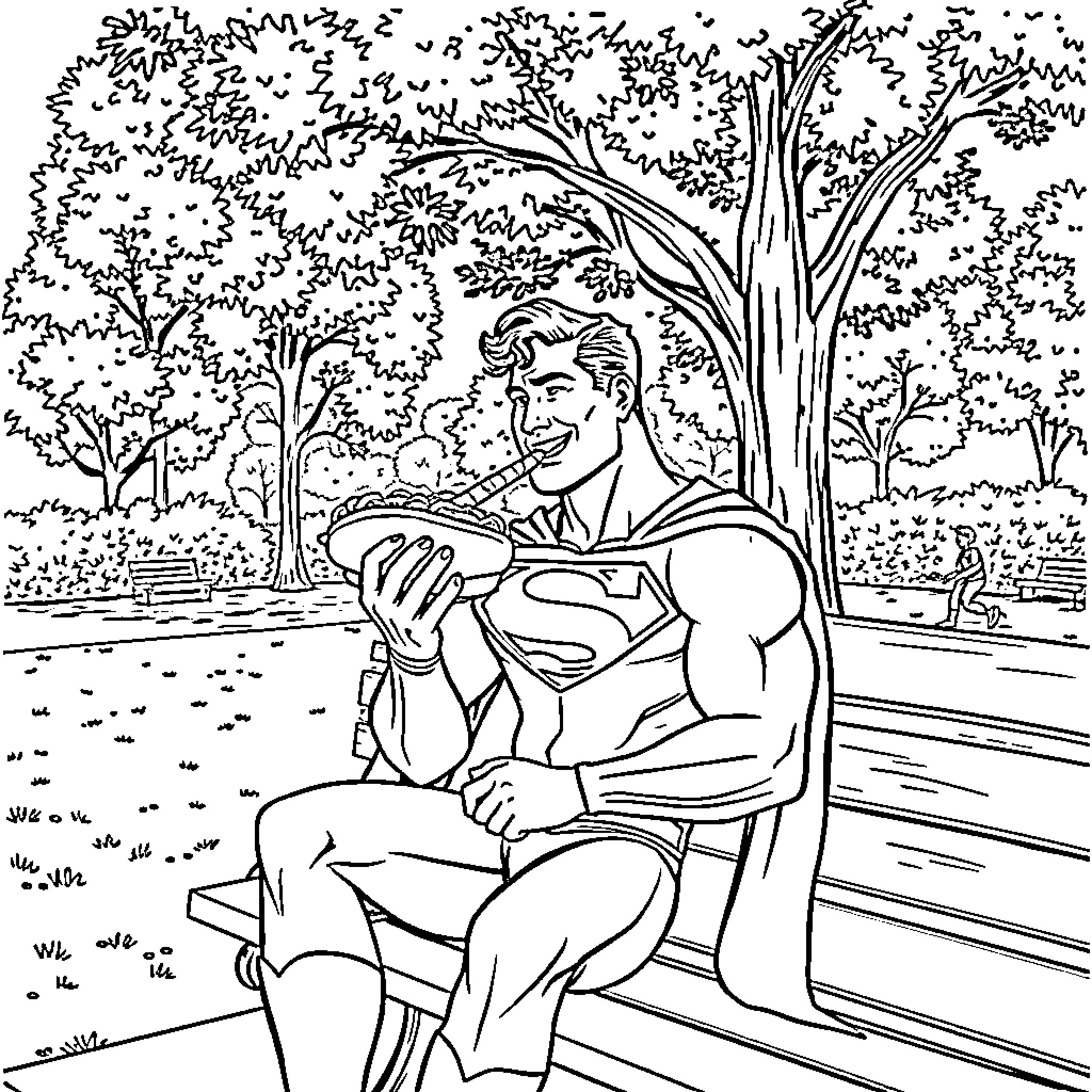 Superman relaxing peacefully in the park Coloring Page (free black-and-white line drawing printable PDF for all, from beginners to advanced learners, including children, teens, adults, and seniors)
