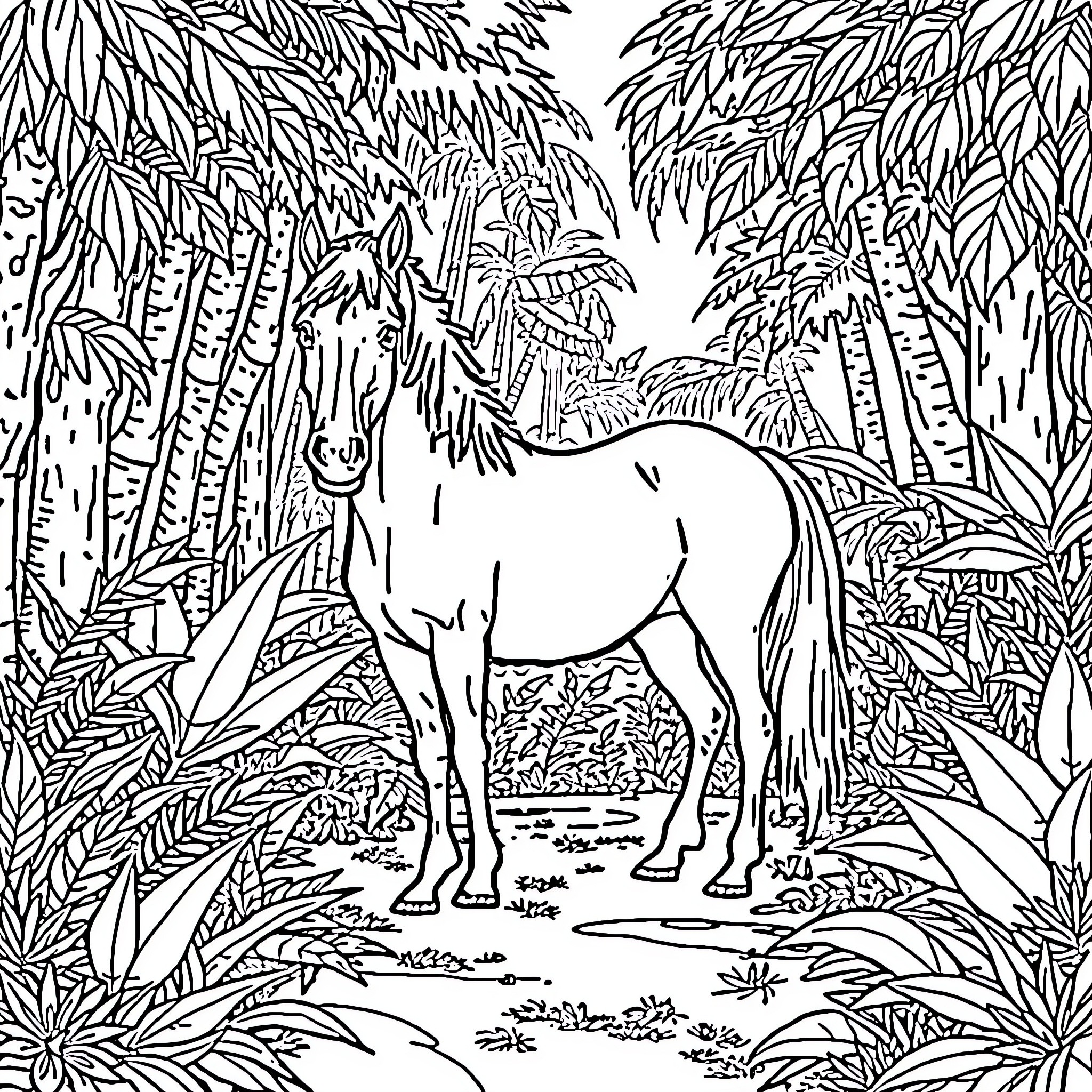 Horse standing amidst lush foliage Coloring Page (free black-and-white line drawing printable PDF for all, from beginners to advanced learners, including children, teens, adults, and seniors)
