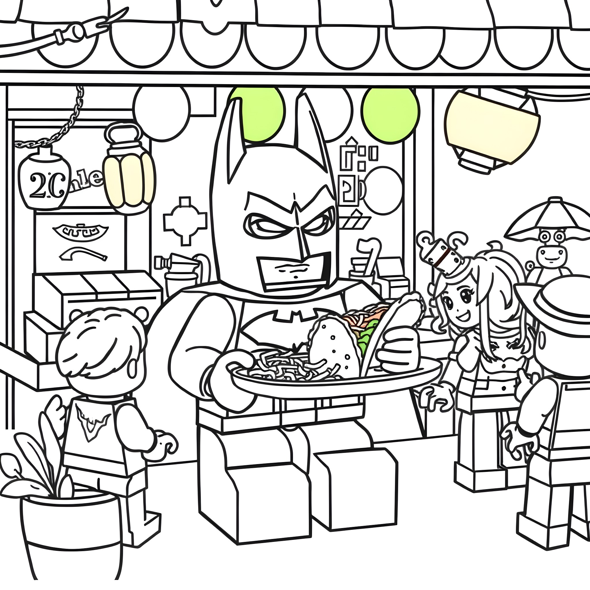 Lego Batman enjoying a meal with his friends Coloring Page (free black-and-white line drawing printable PDF for all, from beginners to advanced learners, including children, teens, adults, and seniors)