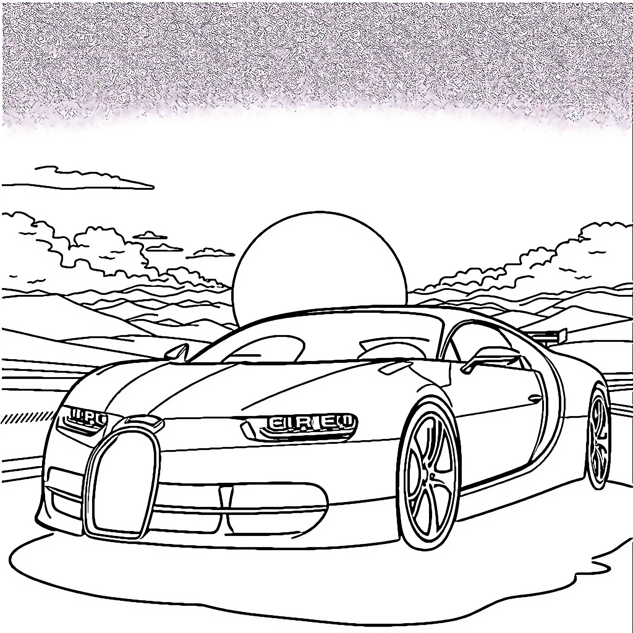 Bugatti sports car on scenic road at sunset Coloring Page (free black-and-white line drawing printable PDF for all, from beginners to advanced learners, including children, teens, adults, and seniors)