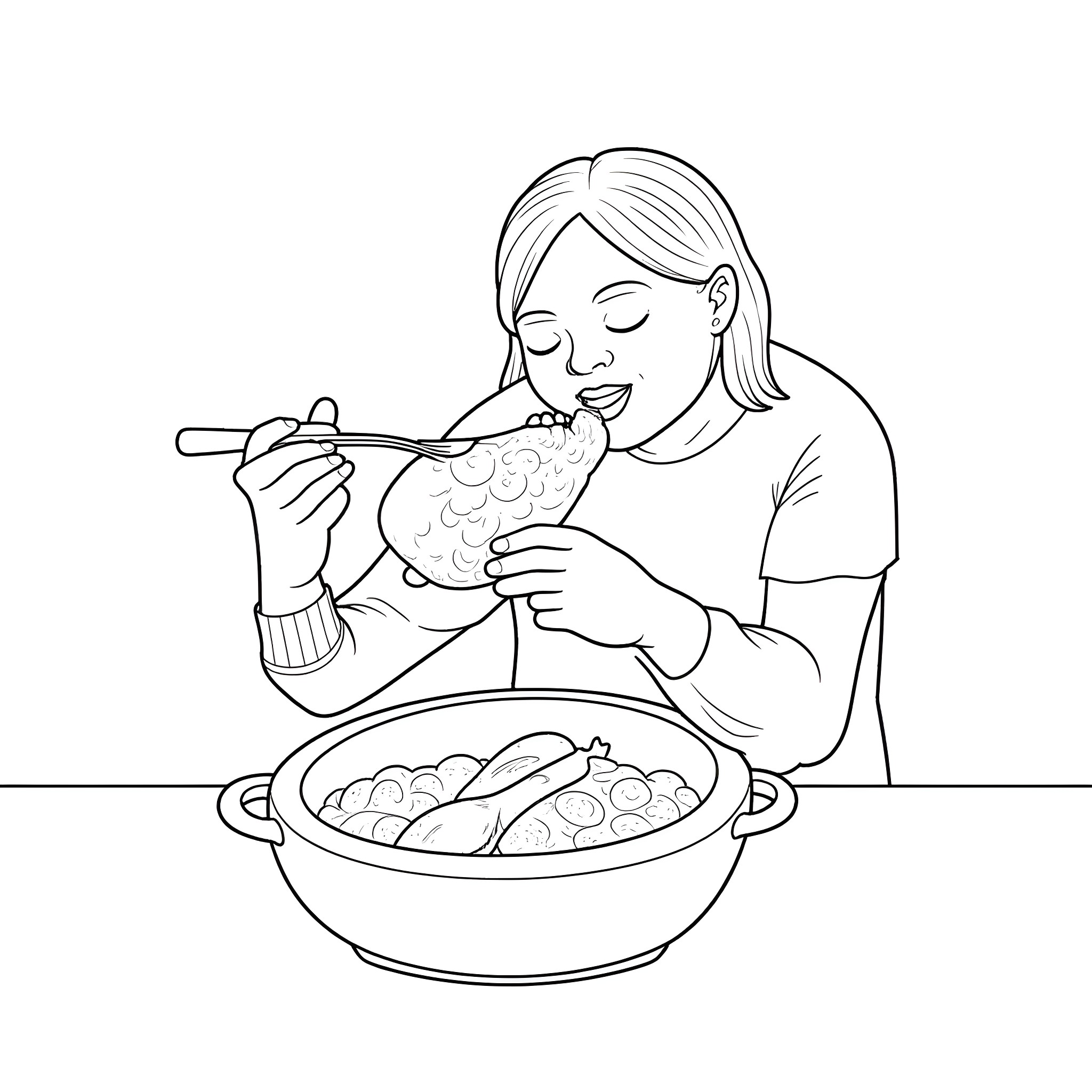 Chicken Dish Enjoyed by Hungry Person Coloring Page (free black-and-white line drawing printable PDF for all, from beginners to advanced learners, including children, teens, adults, and seniors)