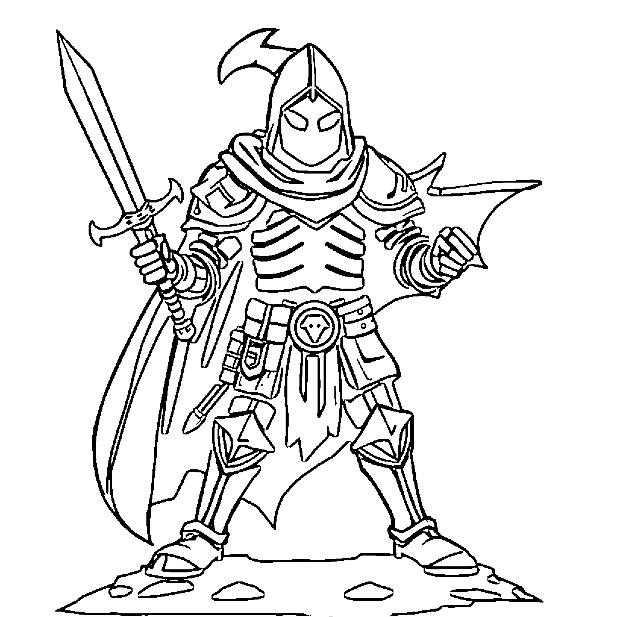 Knife-wielding armored knight in battle stance Coloring Page (free black-and-white line drawing printable PDF for all, from beginners to advanced learners, including children, teens, adults, and seniors)