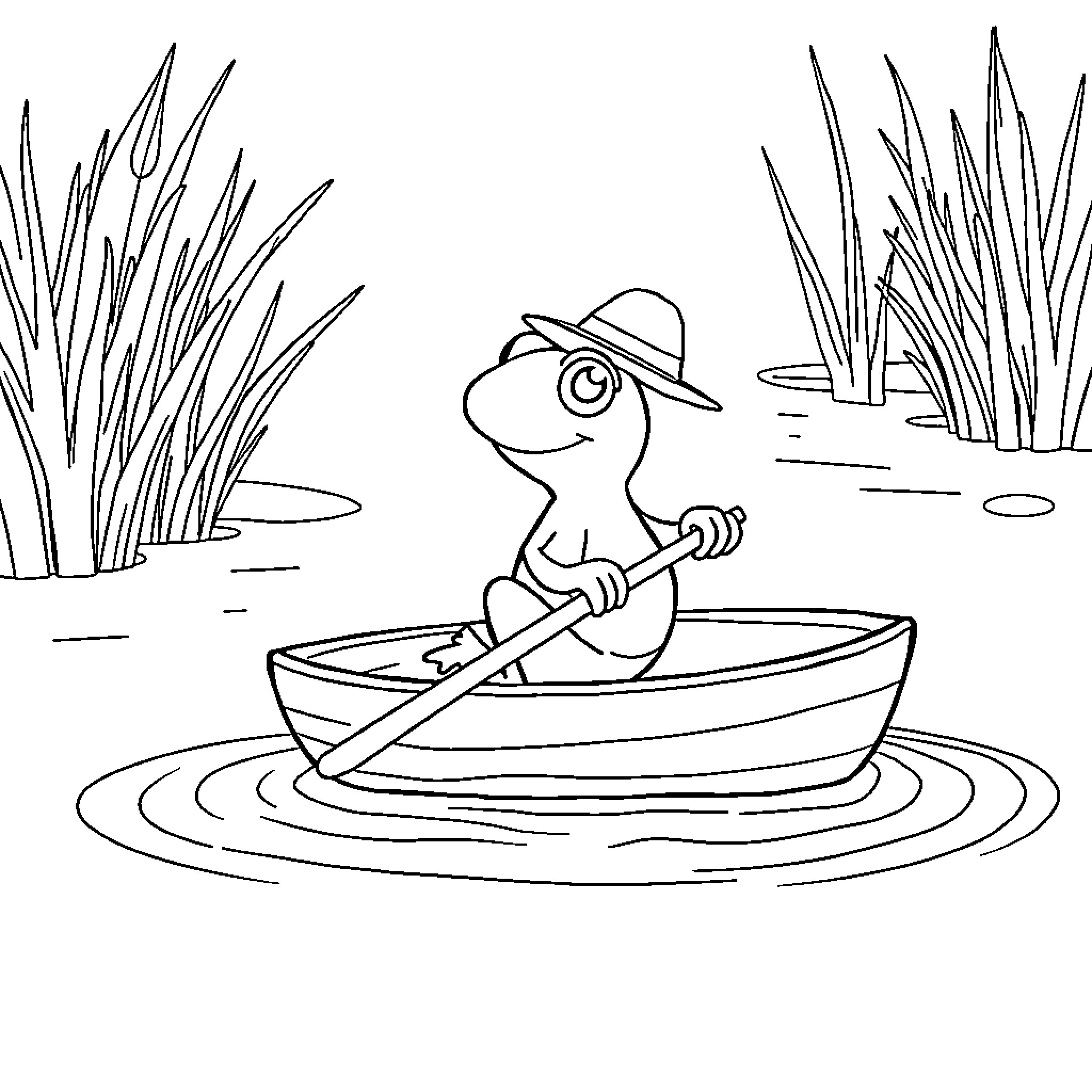Frog rowing a boat in a pond Coloring Page (free black-and-white line drawing printable PDF for all, from beginners to advanced learners, including children, teens, adults, and seniors)