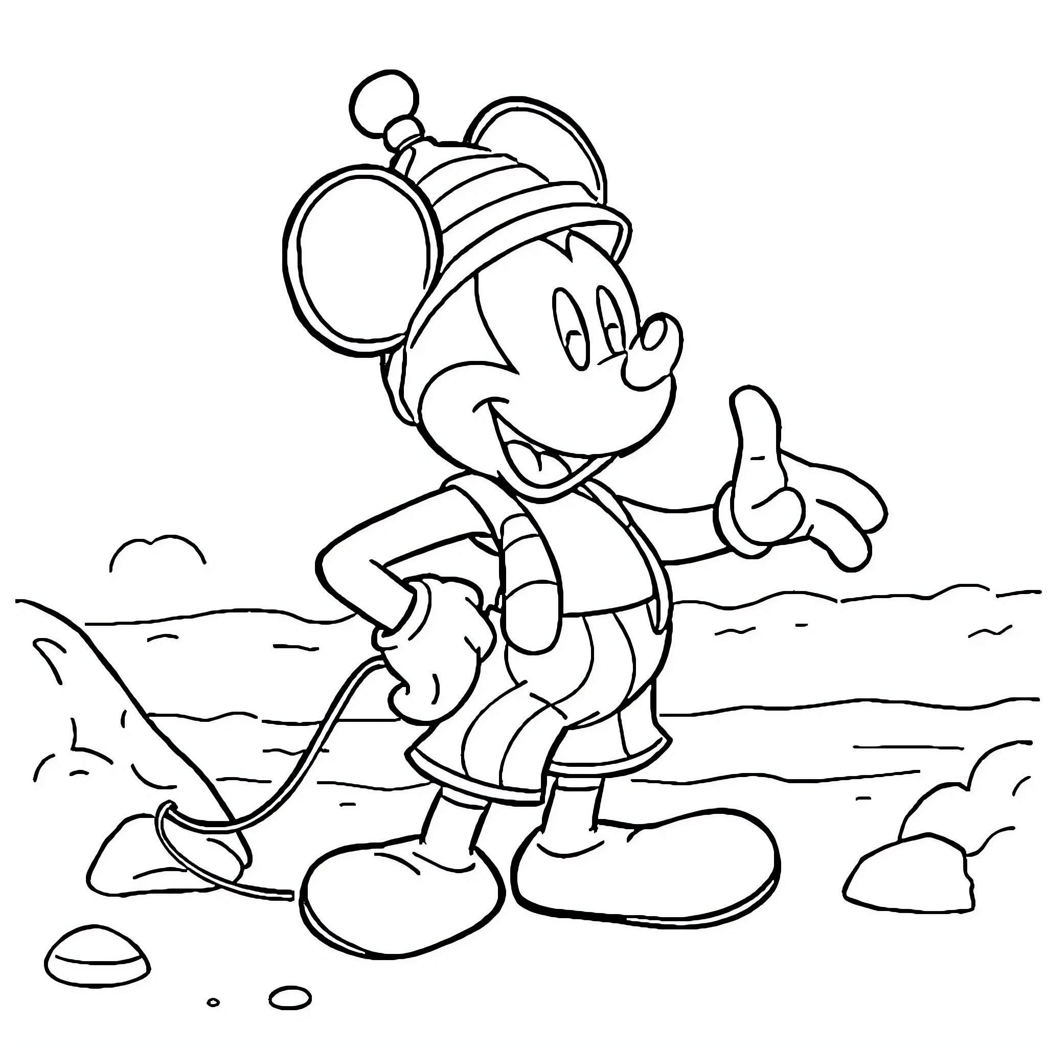 Mickey Mouse Skiing on the Slopes Coloring Page (free black-and-white line drawing printable PDF for all, from beginners to advanced learners, including children, teens, adults, and seniors)