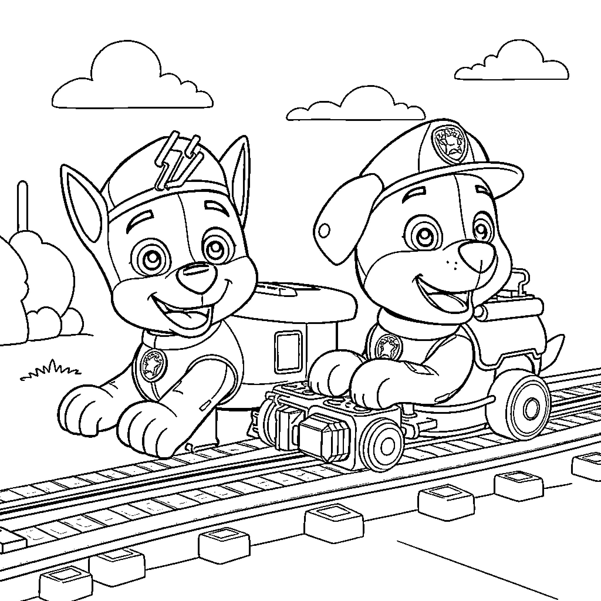Paw Patrol Pups on a Train Adventure Coloring Page (free black-and-white line drawing printable PDF for all, from beginners to advanced learners, including children, teens, adults, and seniors)