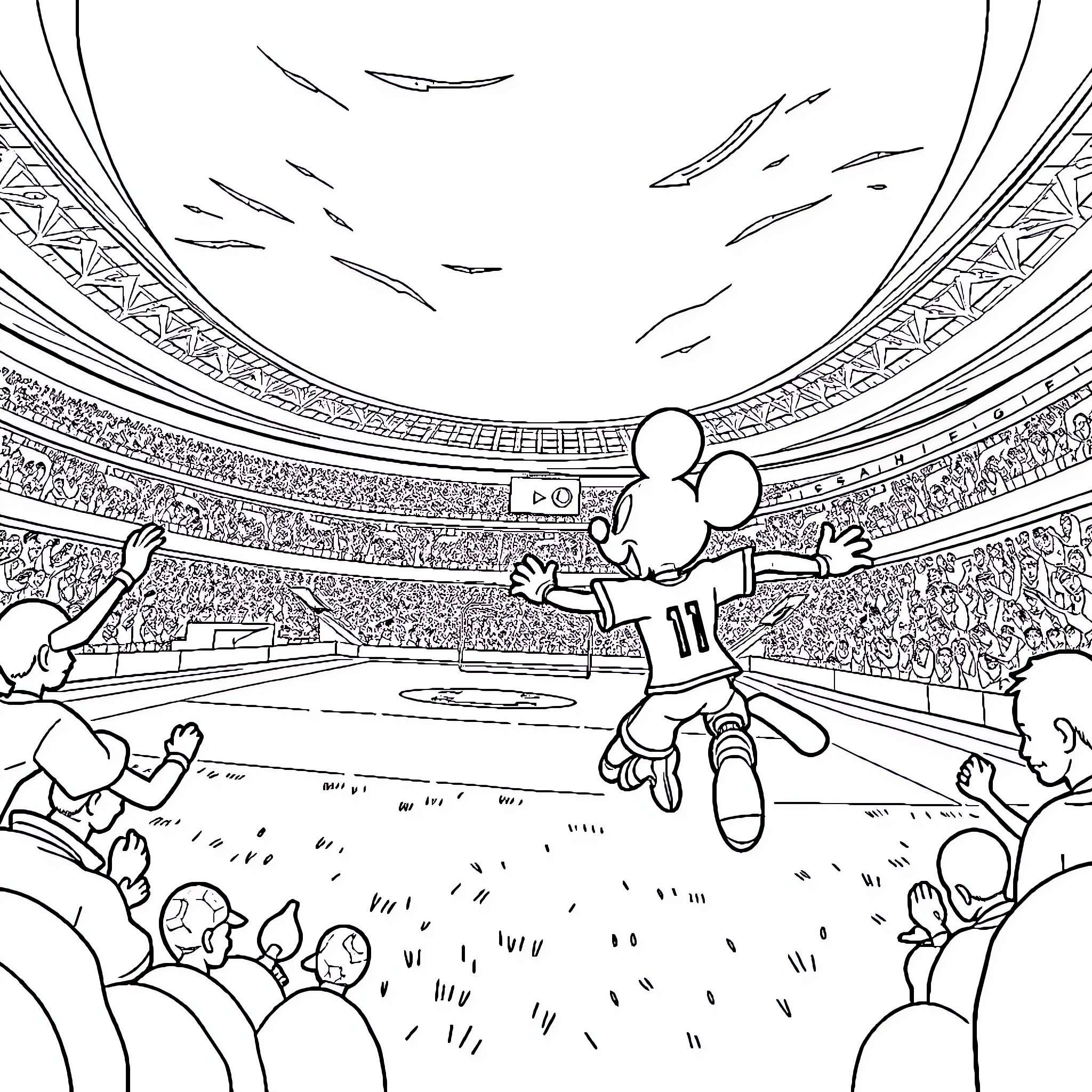 Bolt sprinting through a crowded sports stadium Coloring Page (free black-and-white line drawing printable PDF for all, from beginners to advanced learners, including children, teens, adults, and seniors)