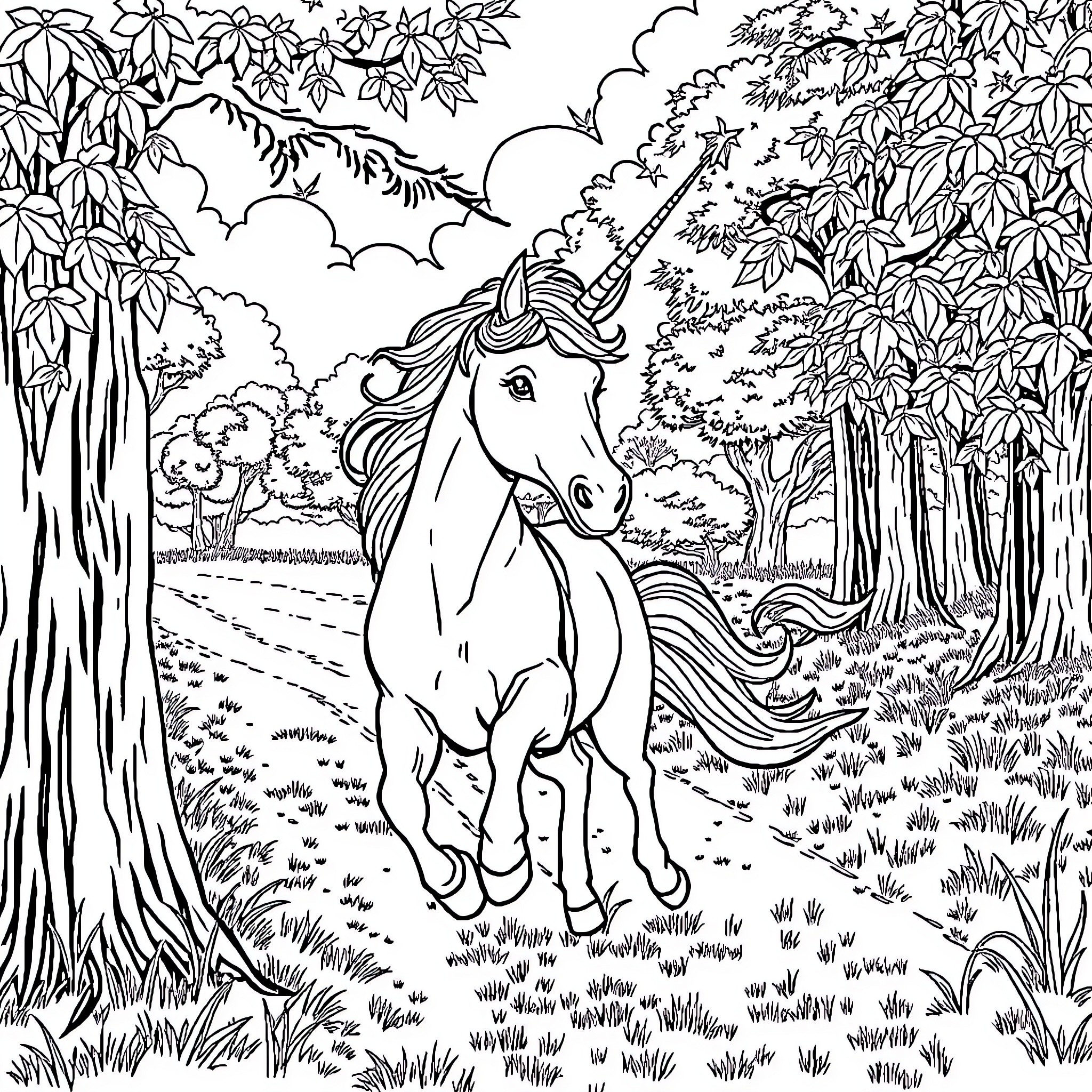 Unicorn running through the enchanted forest Coloring Page (free black-and-white line drawing printable PDF for all, from beginners to advanced learners, including children, teens, adults, and seniors)