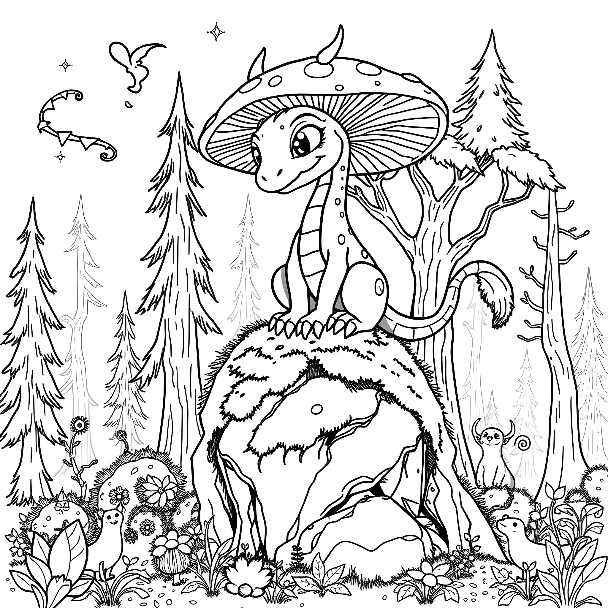 Mushroom Dragon exploring the magical forest Coloring Page (free black-and-white line drawing printable PDF for all, from beginners to advanced learners, including children, teens, adults, and seniors)