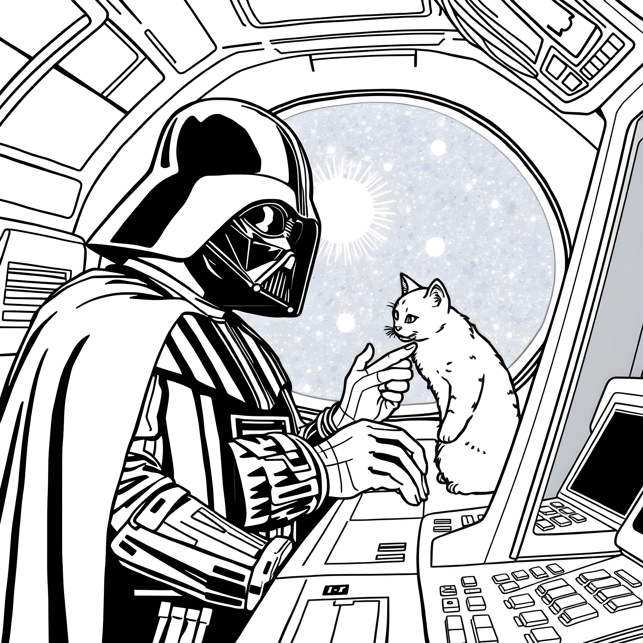 Darth Vader confronts a curious cat in the Star Wars universe Coloring Page (free black-and-white line drawing printable PDF for all, from beginners to advanced learners, including children, teens, adults, and seniors)