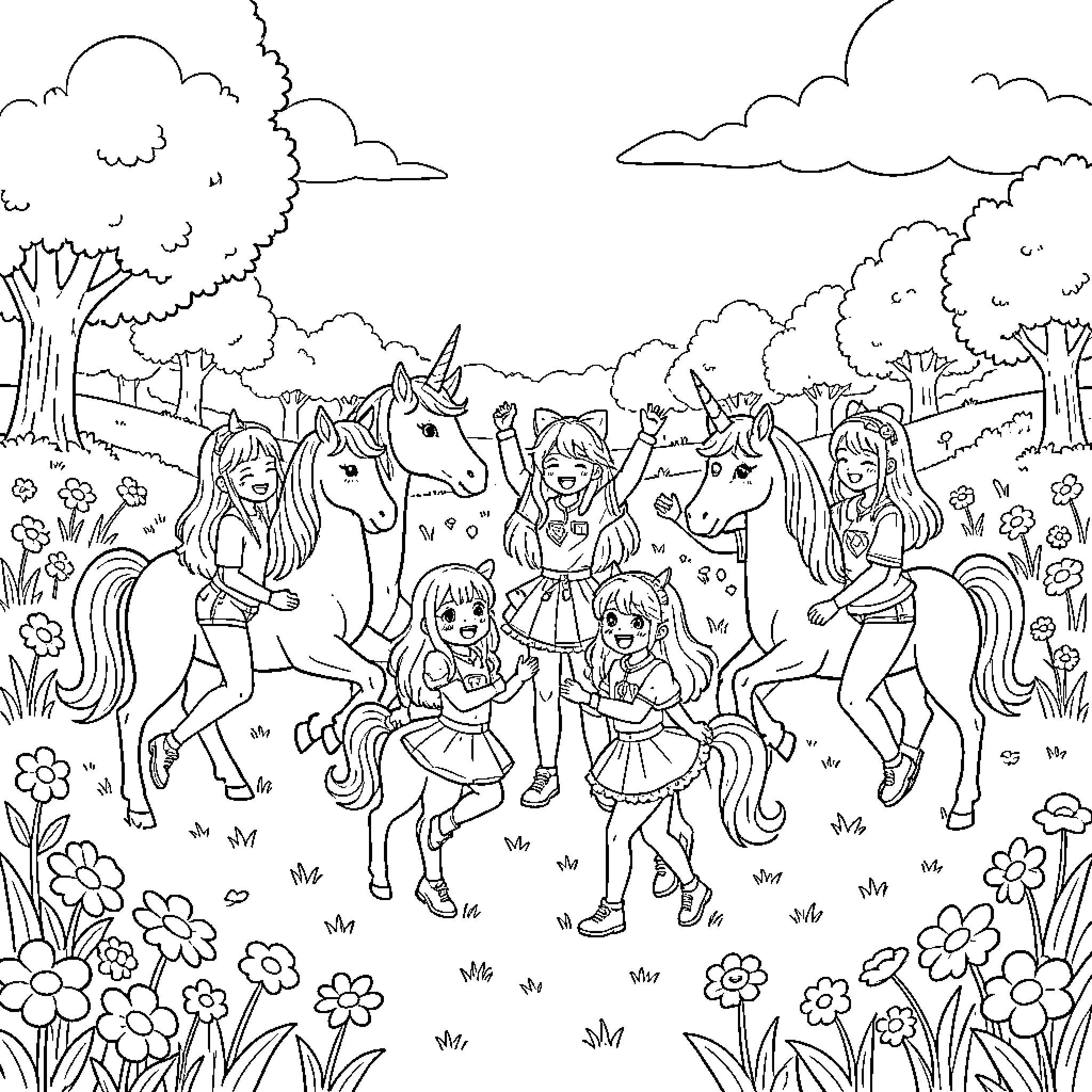 Kpop Character Dancing and Interacting with Magical Unicorns Coloring Page (free black-and-white line drawing printable PDF for all, from beginners to advanced learners, including children, teens, adults, and seniors)