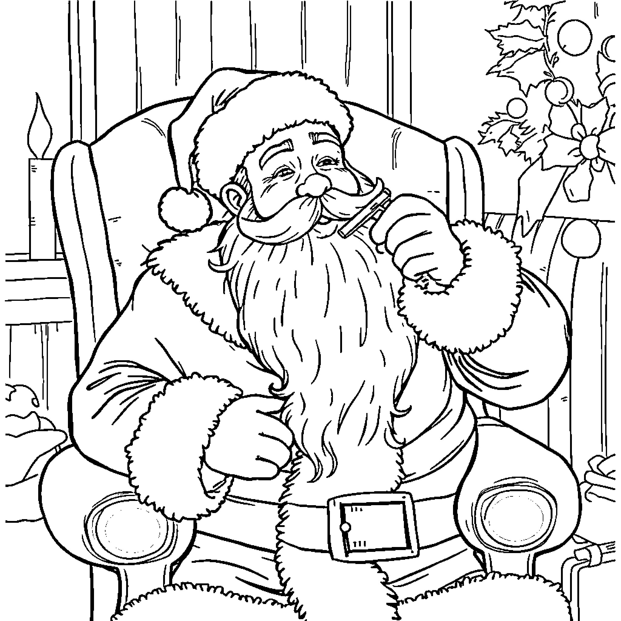 Santa resting in cozy chair near festive decor Coloring Page (free black-and-white line drawing printable PDF for all, from beginners to advanced learners, including children, teens, adults, and seniors)