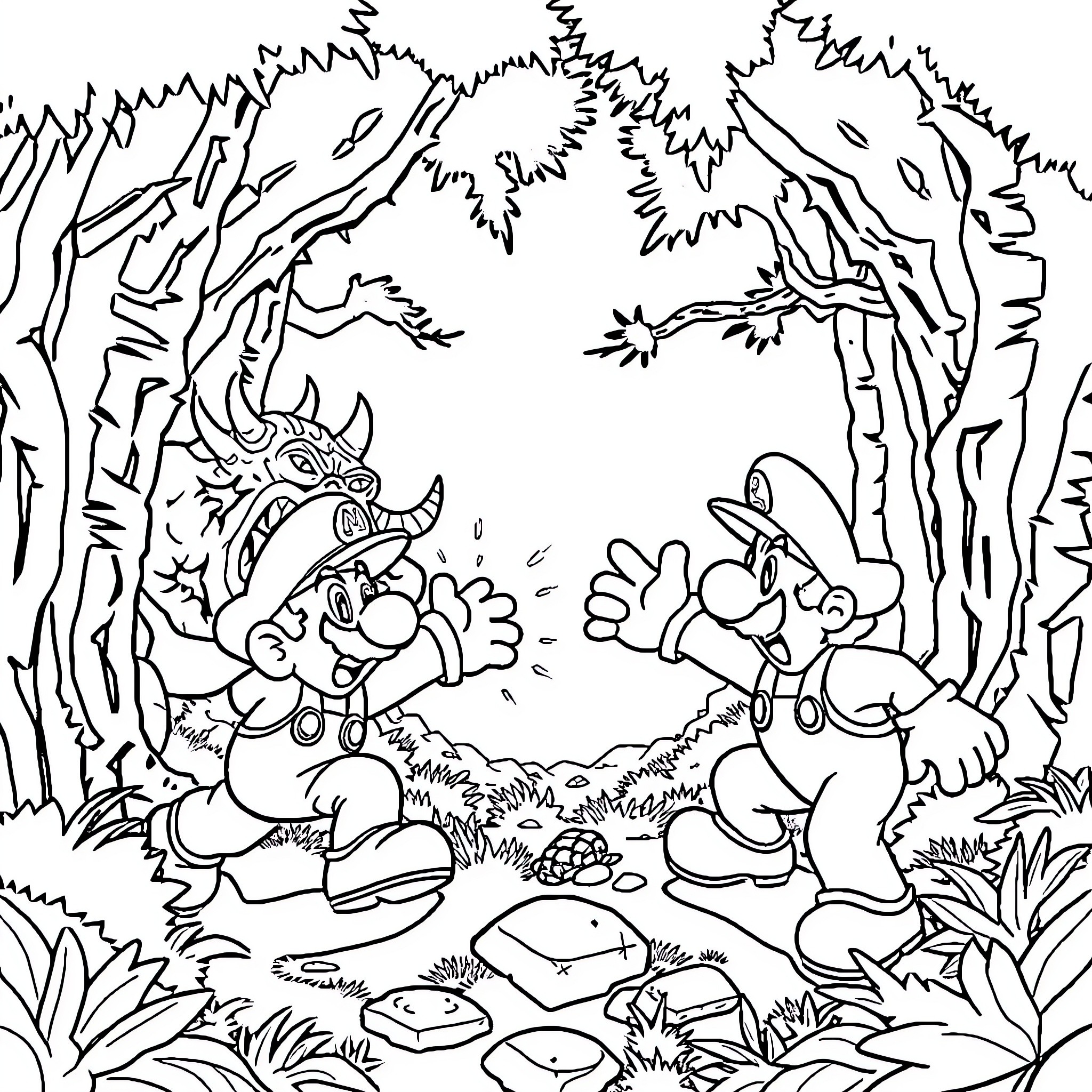 Mario's Adventure in the Mysterious Forest Coloring Page (free black-and-white line drawing printable PDF for all, from beginners to advanced learners, including children, teens, adults, and seniors)