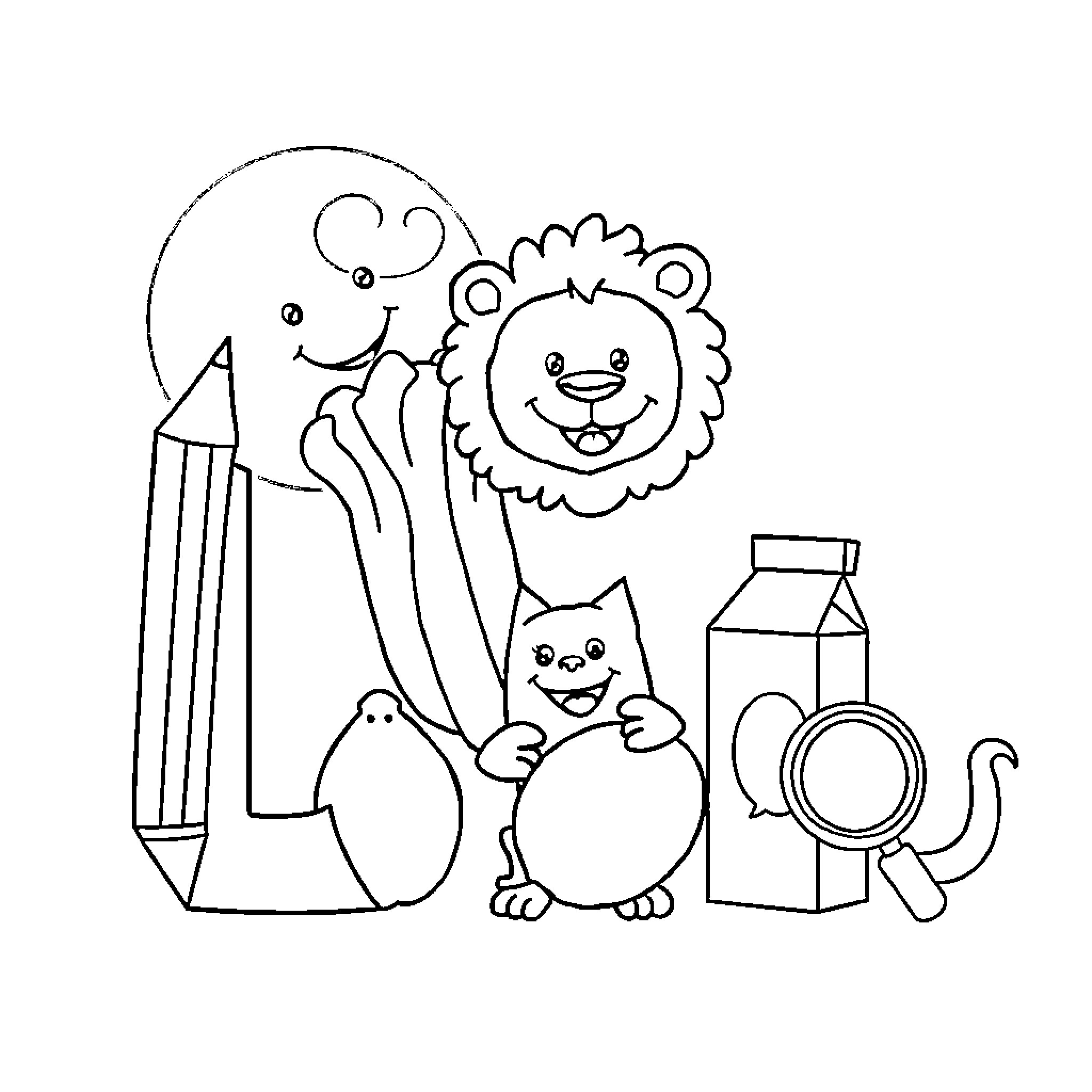 Letter L: Lively Lion and Curious Companions Coloring Page (free black-and-white line drawing printable PDF for all, from beginners to advanced learners, including children, teens, adults, and seniors)