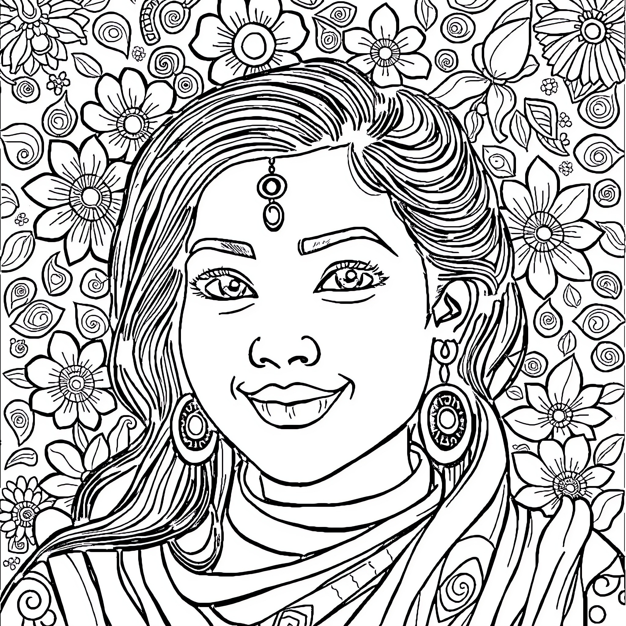 Email of a Smiling Woman in Floral Scene Coloring Page (free black-and-white line drawing printable PDF for all, from beginners to advanced learners, including children, teens, adults, and seniors)