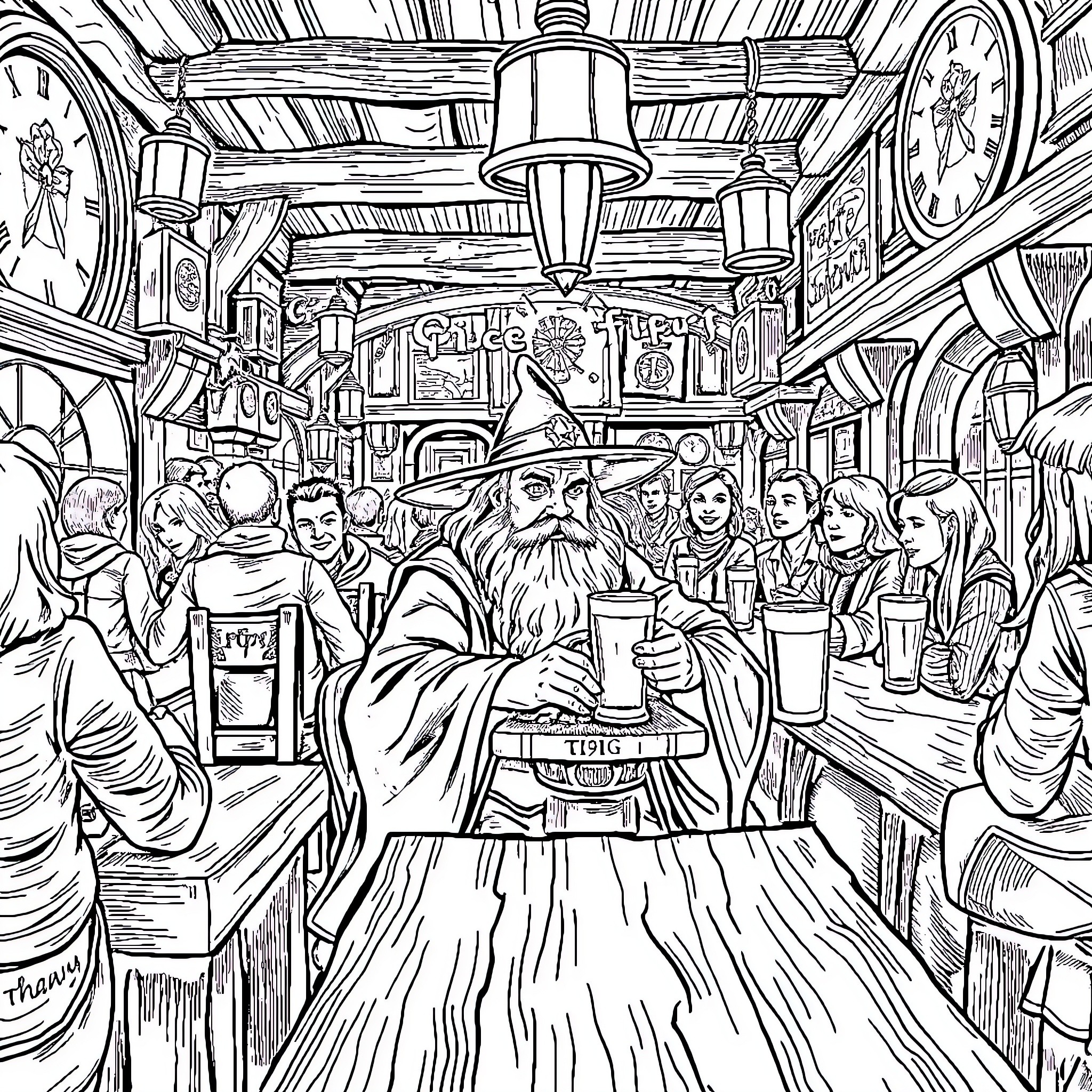 Gandalf's Magical Adventure in a Bustling Tavern Coloring Page (free black-and-white line drawing printable PDF for all, from beginners to advanced learners, including children, teens, adults, and seniors)