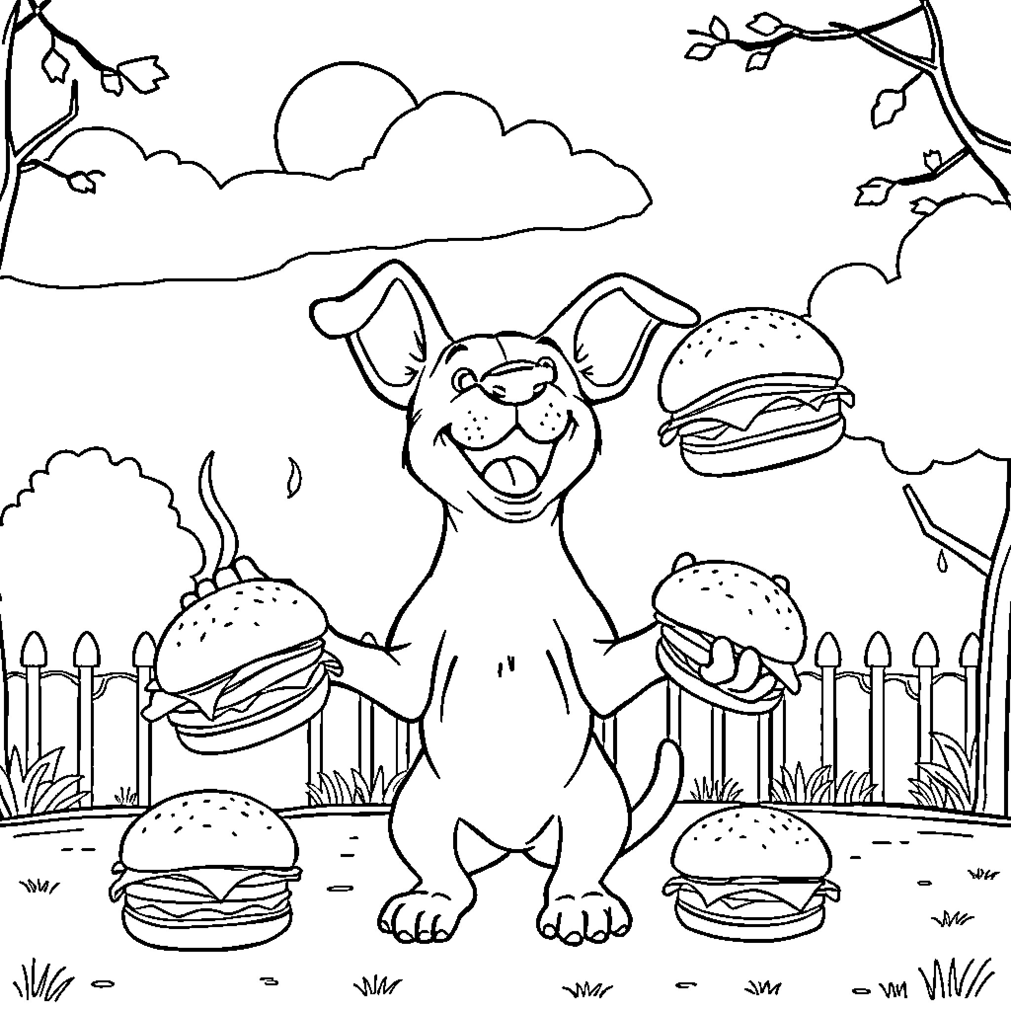 Dog enjoying hamburgers in the park Coloring Page (free black-and-white line drawing printable PDF for all, from beginners to advanced learners, including children, teens, adults, and seniors)