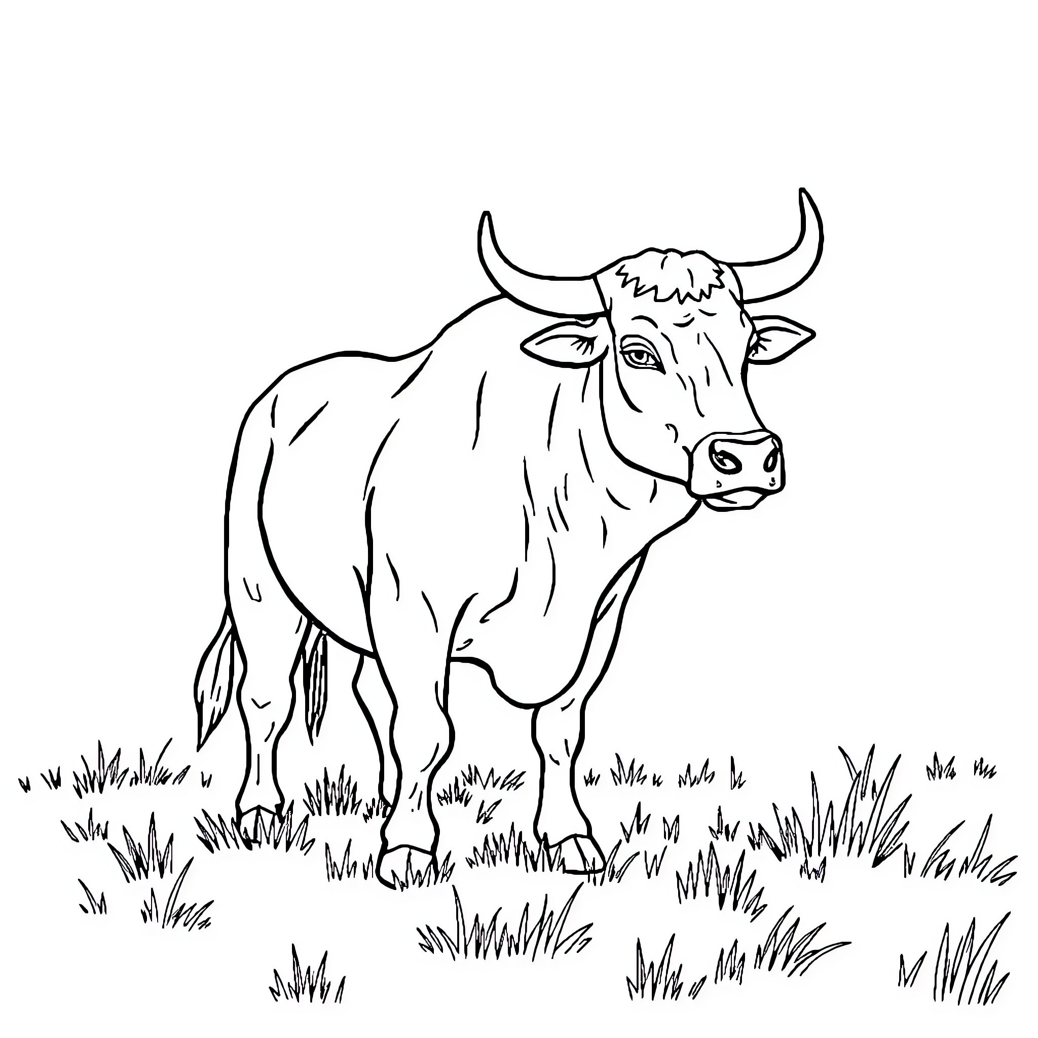 Bull standing proudly in the field Coloring Page (free black-and-white line drawing printable PDF for all, from beginners to advanced learners, including children, teens, adults, and seniors)