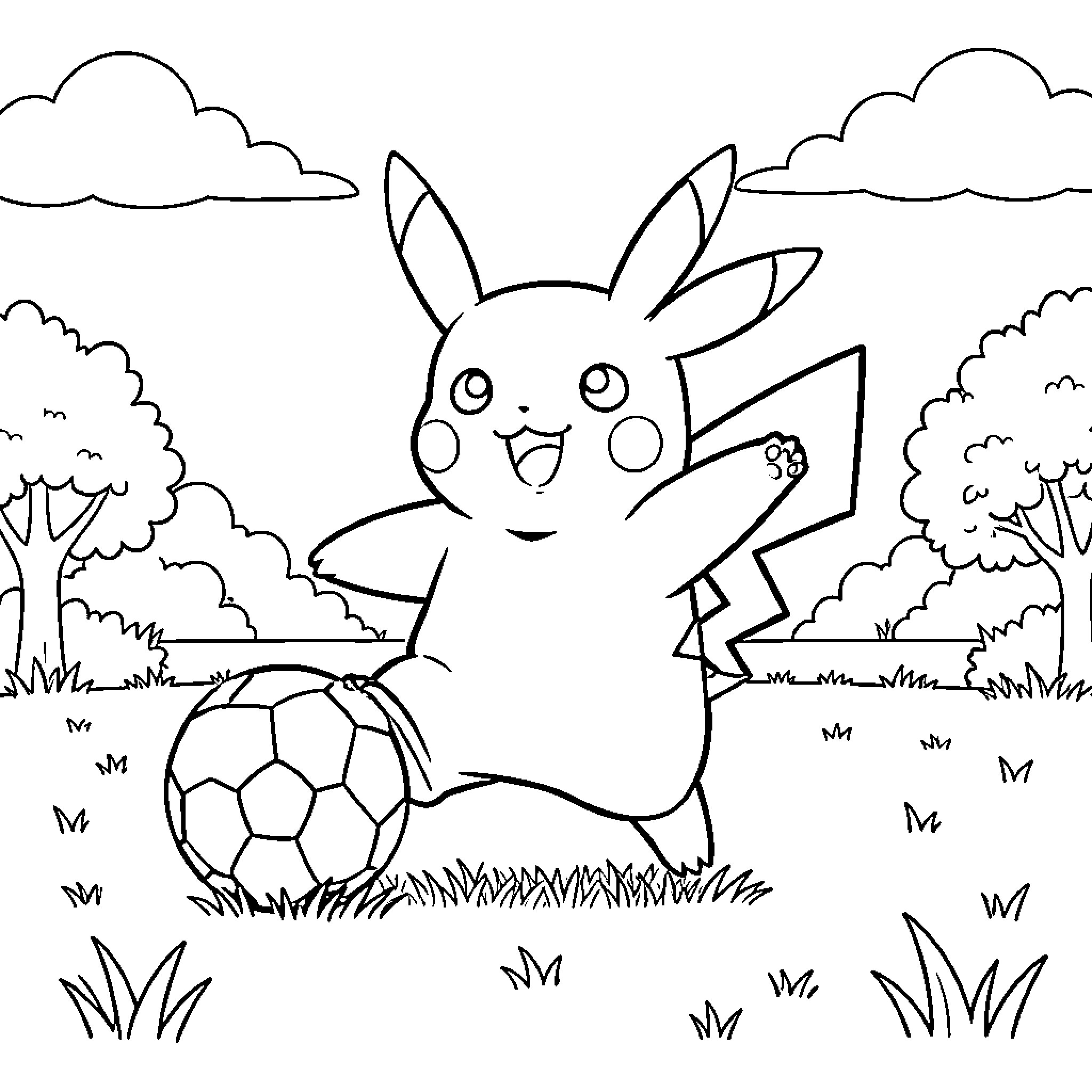 Pikachu playing soccer in a grassy field Coloring Page (free black-and-white line drawing printable PDF for all, from beginners to advanced learners, including children, teens, adults, and seniors)