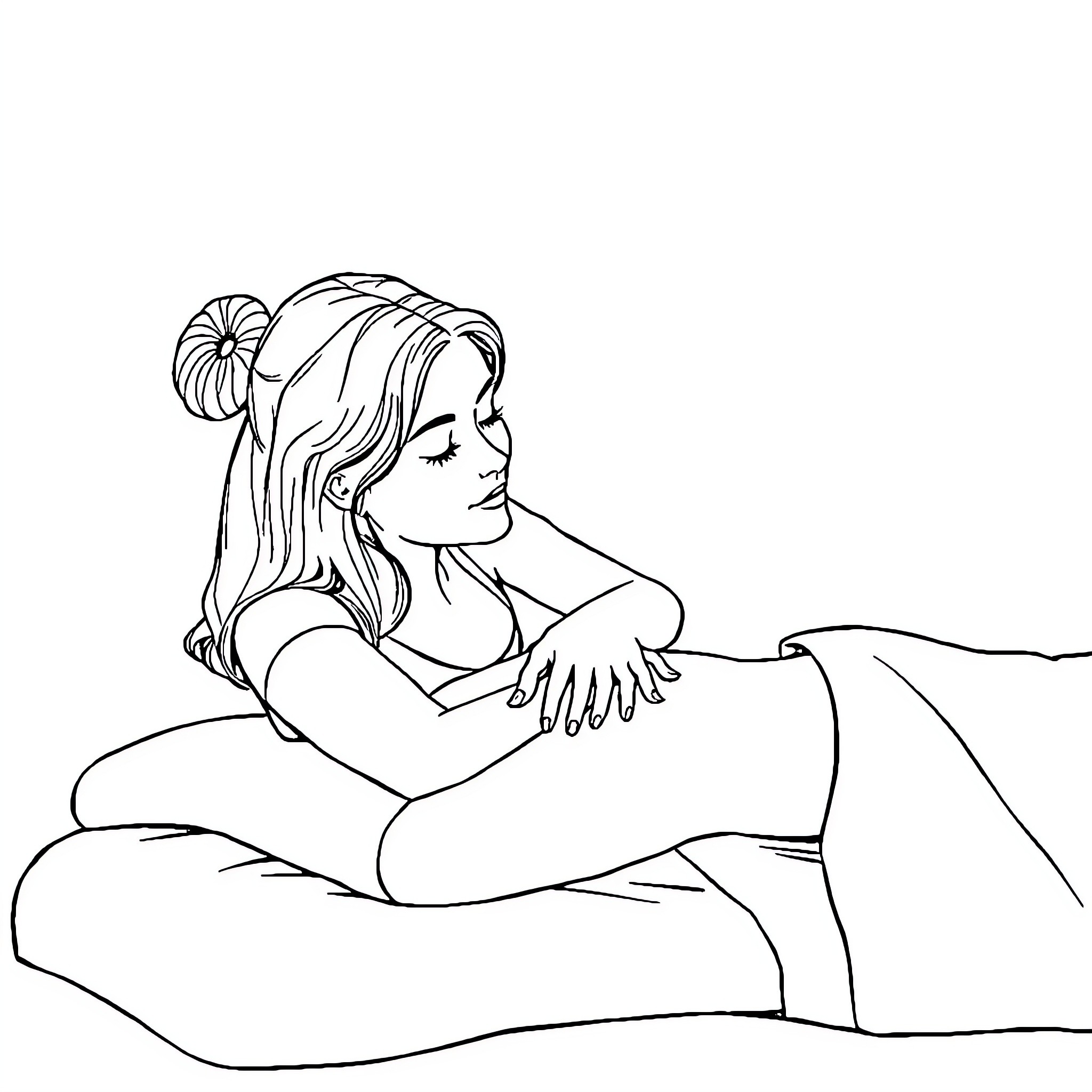 Wife relaxing peacefully on couch Coloring Page (free black-and-white line drawing printable PDF for all, from beginners to advanced learners, including children, teens, adults, and seniors)