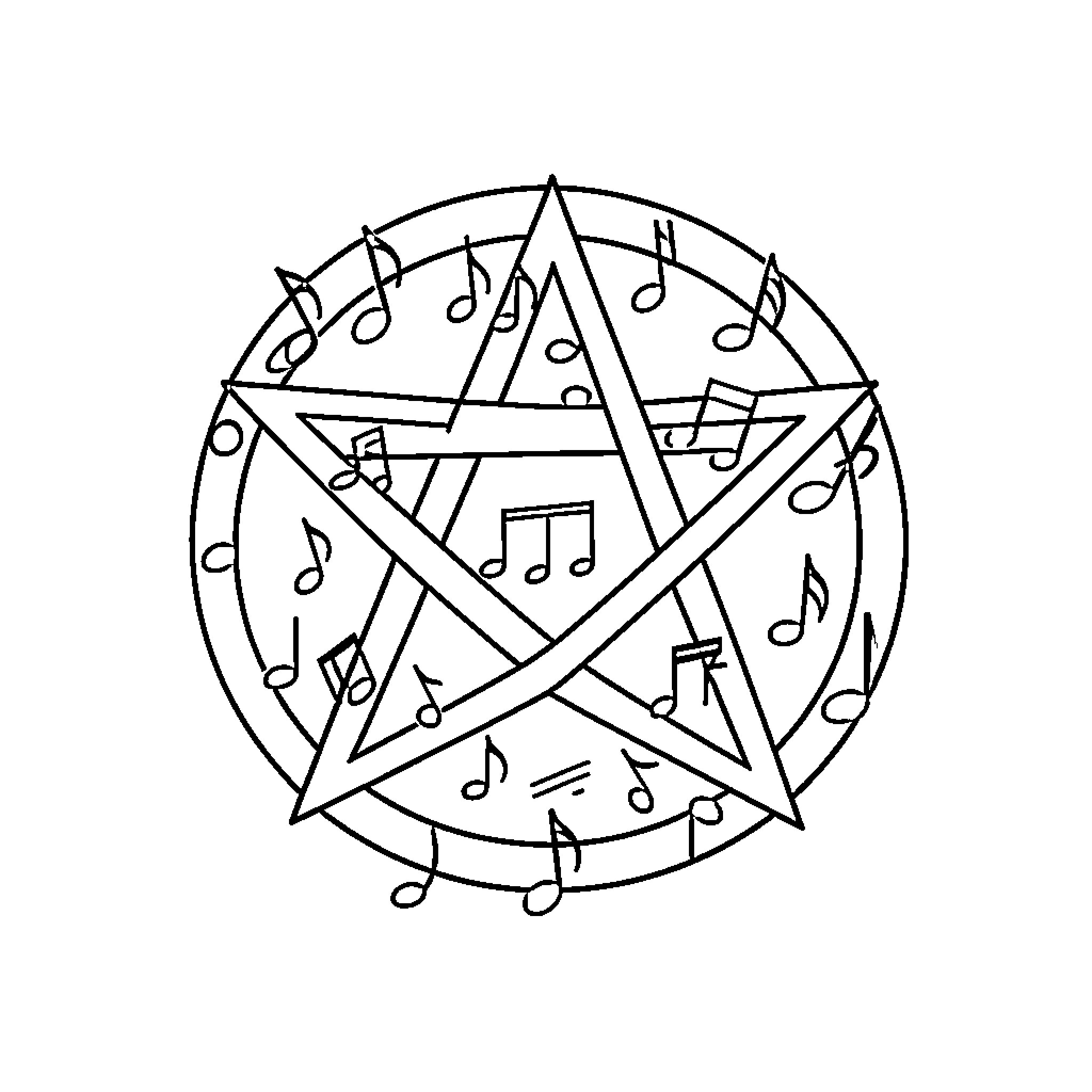 Pentagram adorned with musical notes and symbols Coloring Page (free black-and-white line drawing printable PDF for all, from beginners to advanced learners, including children, teens, adults, and seniors)