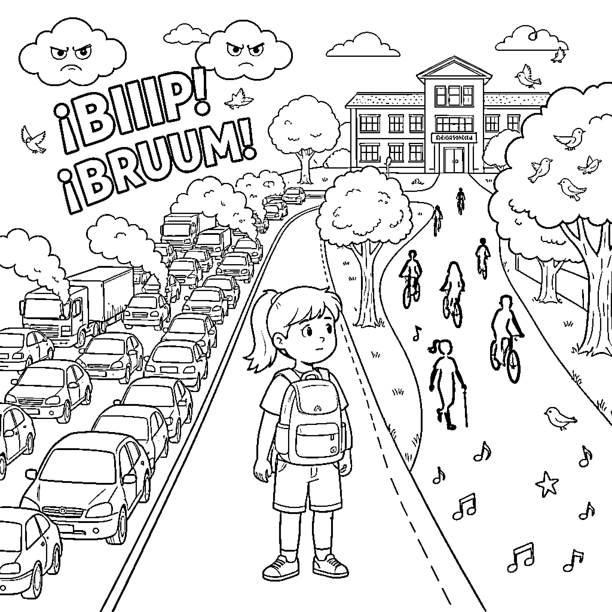 Niño standing near a busy city street with traffic Coloring Page (free black-and-white line drawing printable PDF for all, from beginners to advanced learners, including children, teens, adults, and seniors)