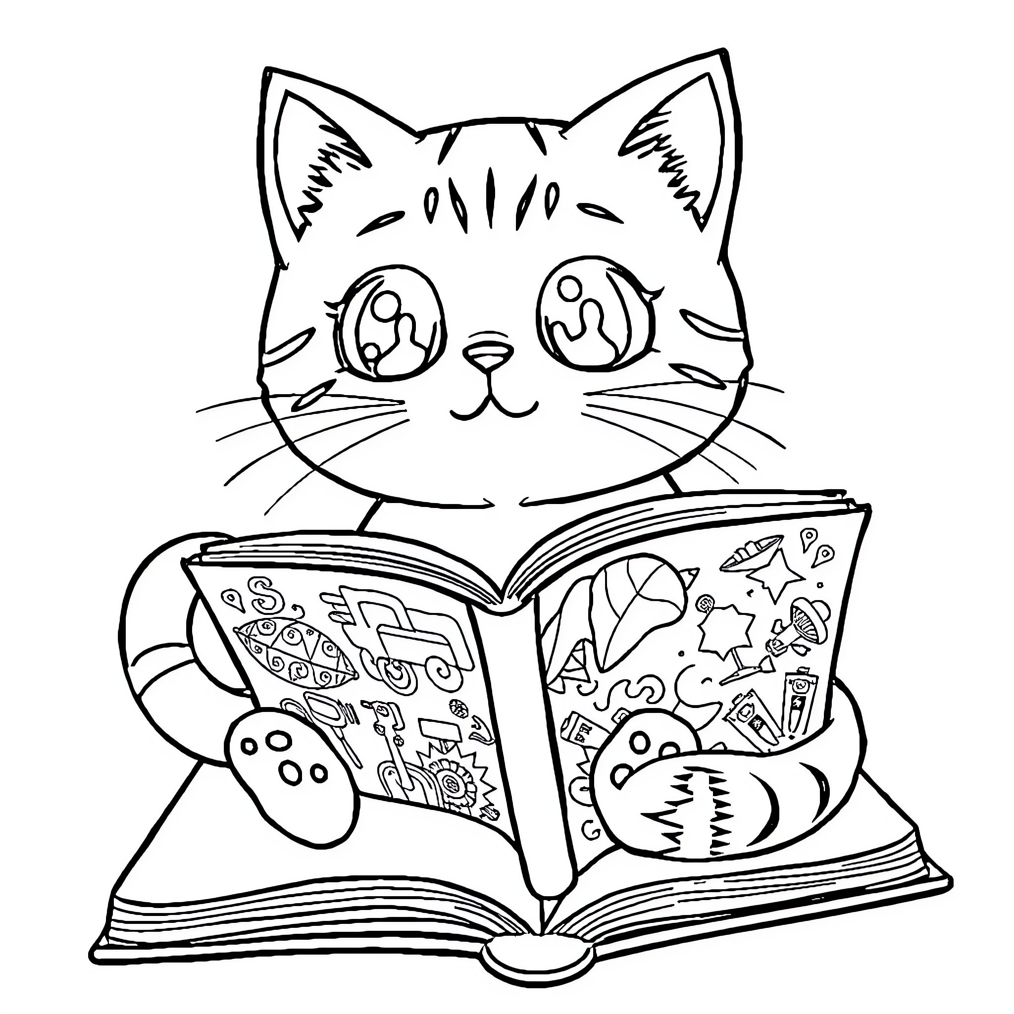 Cat reading a book with drawings Coloring Page (free black-and-white line drawing printable PDF for all, from beginners to advanced learners, including children, teens, adults, and seniors)