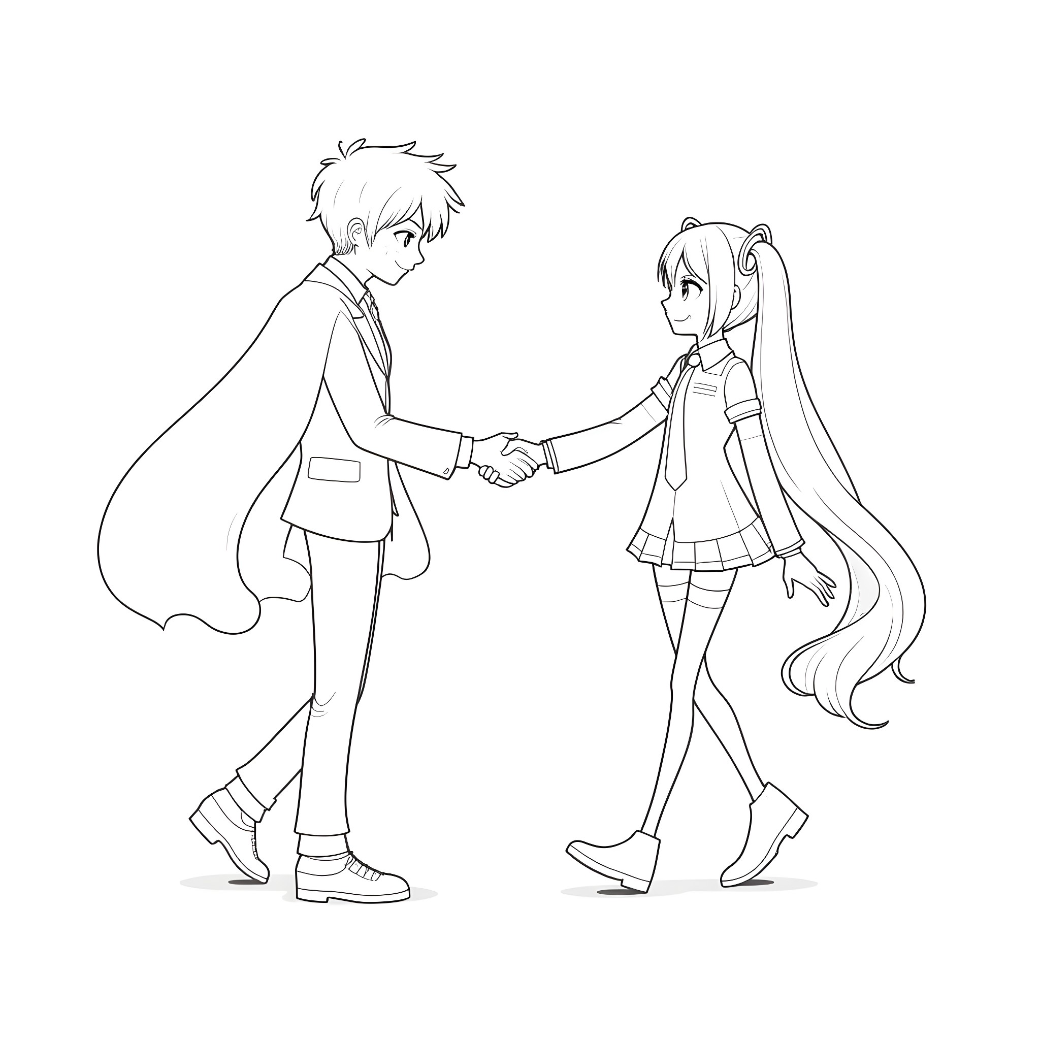 Hatsune Miku and boy character shaking hands Coloring Page (free black-and-white line drawing printable PDF for all, from beginners to advanced learners, including children, teens, adults, and seniors)