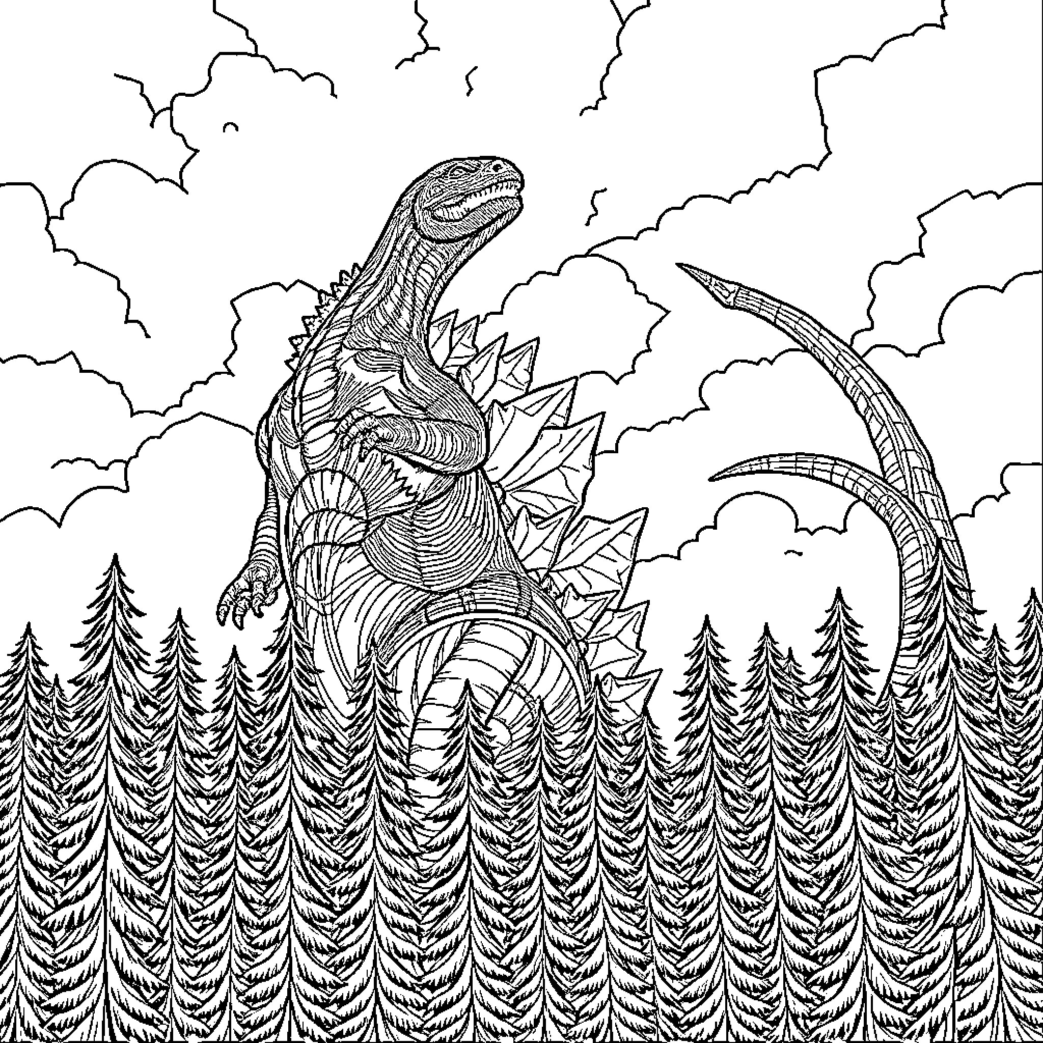 Godzilla rampaging through a forested landscape Coloring Page (free black-and-white line drawing printable PDF for all, from beginners to advanced learners, including children, teens, adults, and seniors)