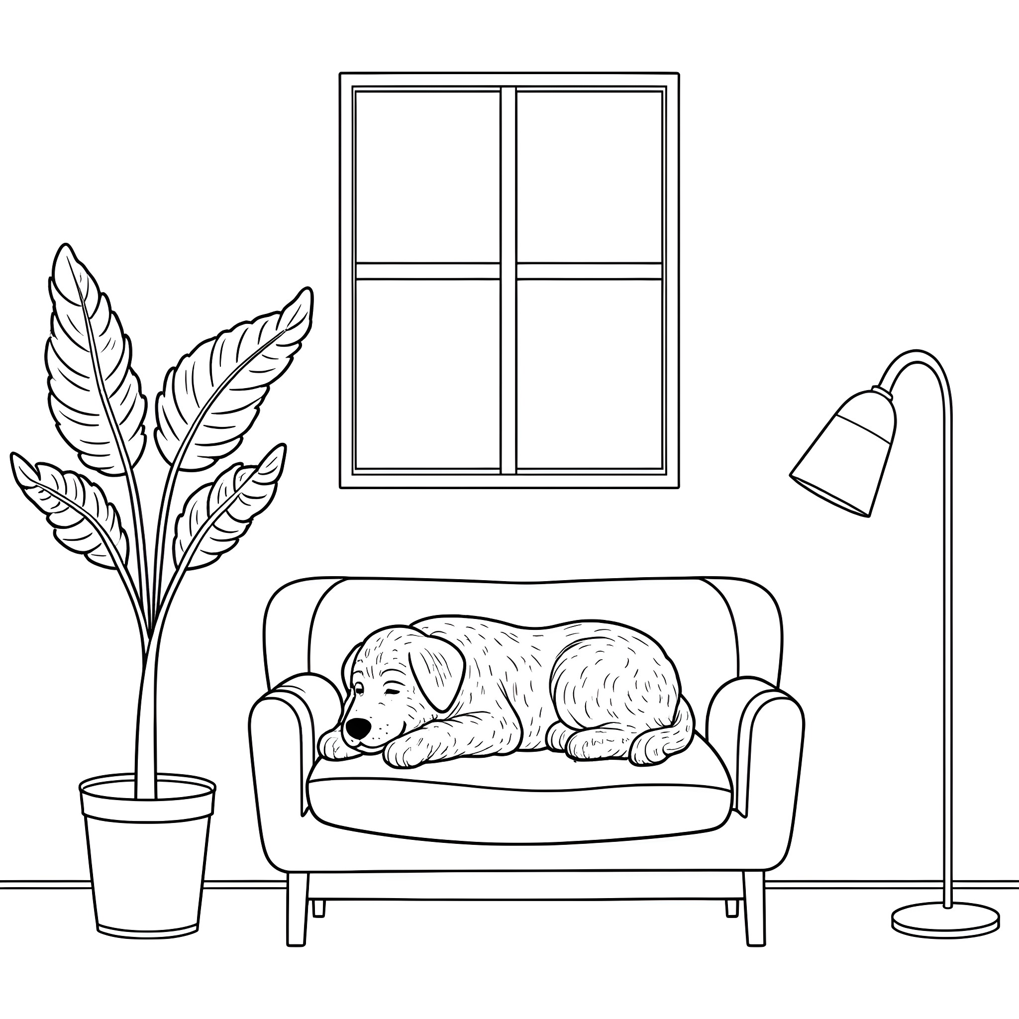 Springerdoodle relaxing in a cozy living room Coloring Page (free black-and-white line drawing printable PDF for all, from beginners to advanced learners, including children, teens, adults, and seniors)
