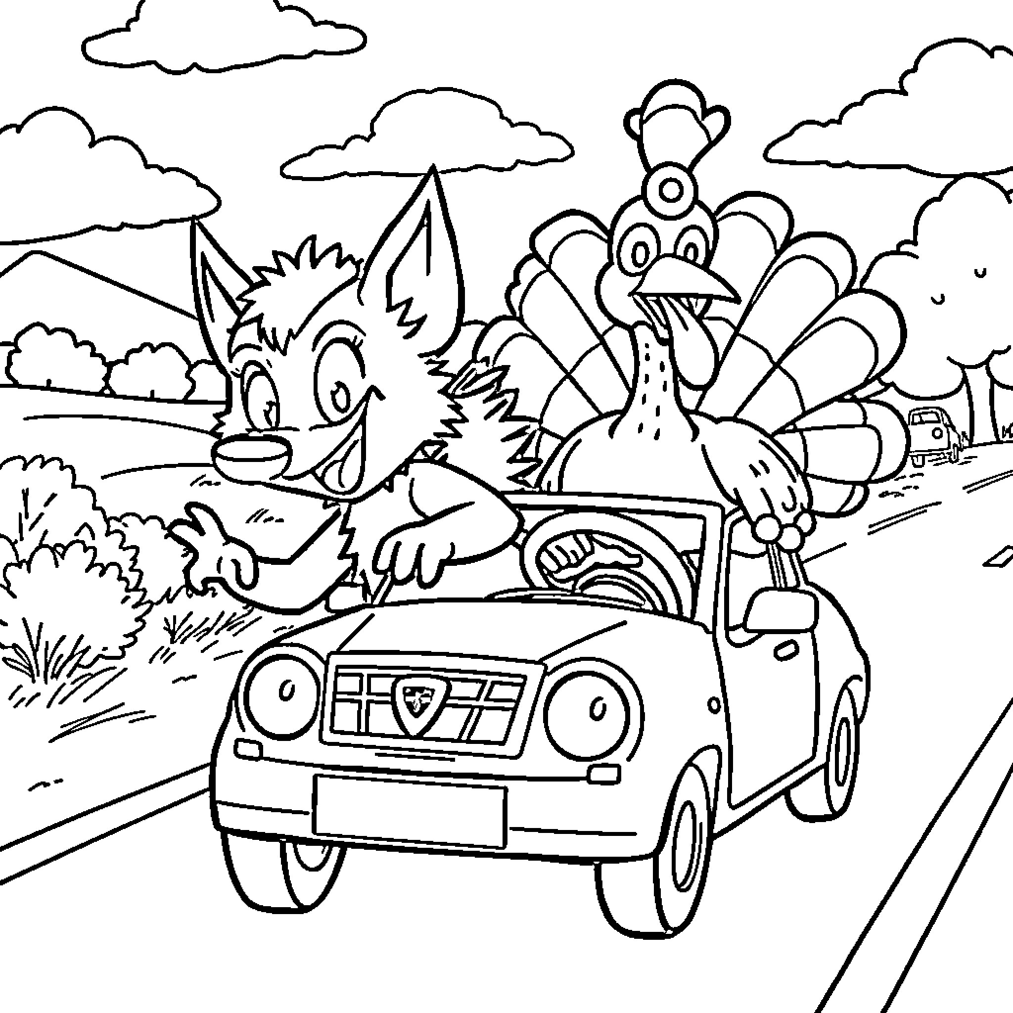 Tasmanian Devil riding a car on the road Coloring Page (free black-and-white line drawing printable PDF for all, from beginners to advanced learners, including children, teens, adults, and seniors)