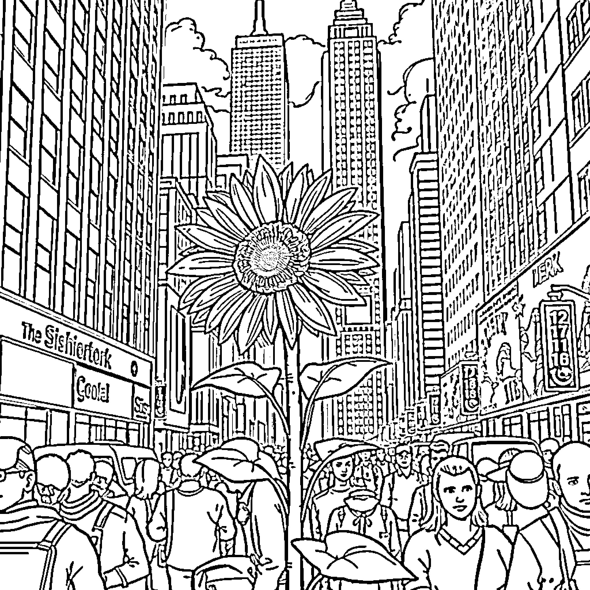 Sunflower blooming in the bustling city Coloring Page (free black-and-white line drawing printable PDF for all, from beginners to advanced learners, including children, teens, adults, and seniors)