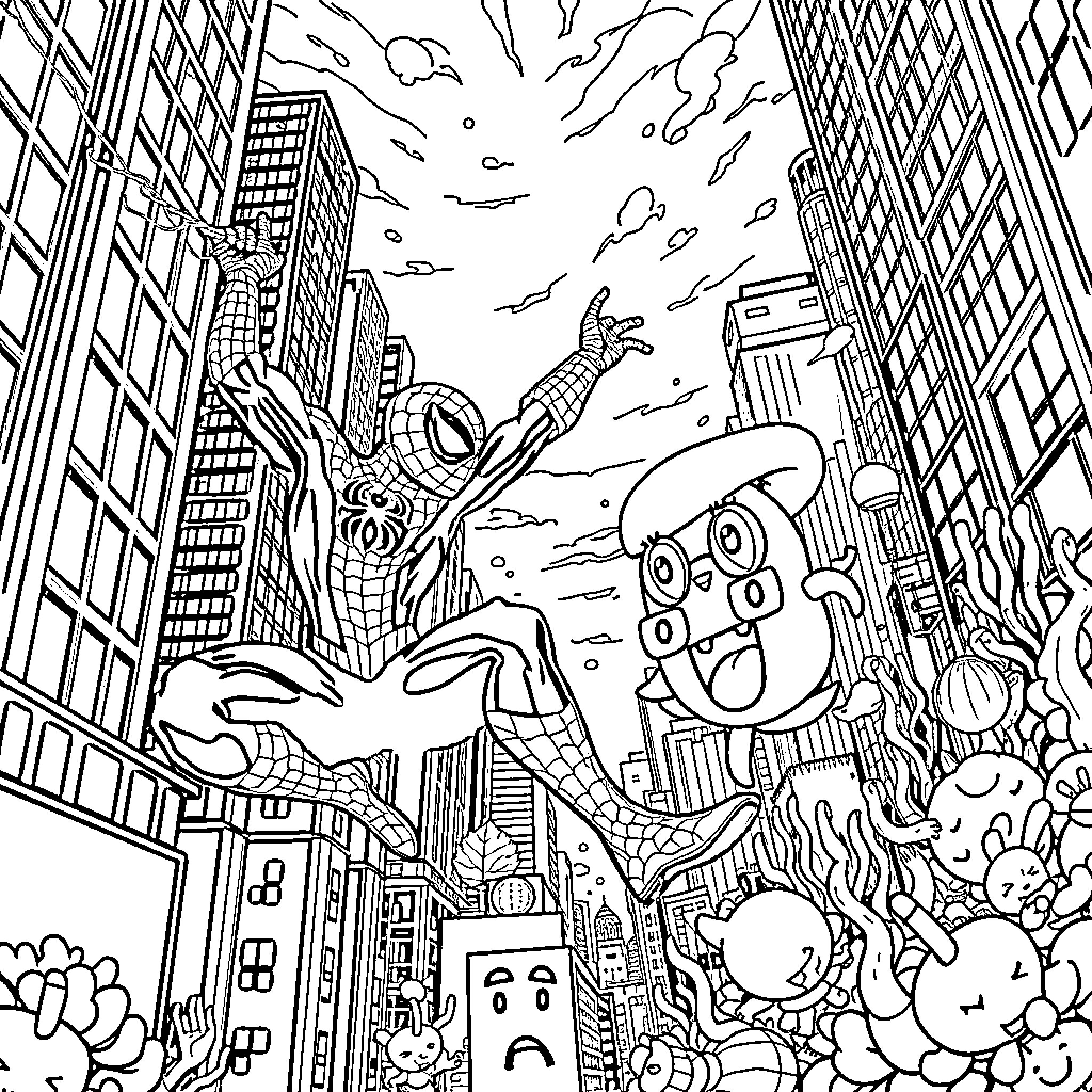 Spiderman battles villains in the city Coloring Page (free black-and-white line drawing printable PDF for all, from beginners to advanced learners, including children, teens, adults, and seniors)
