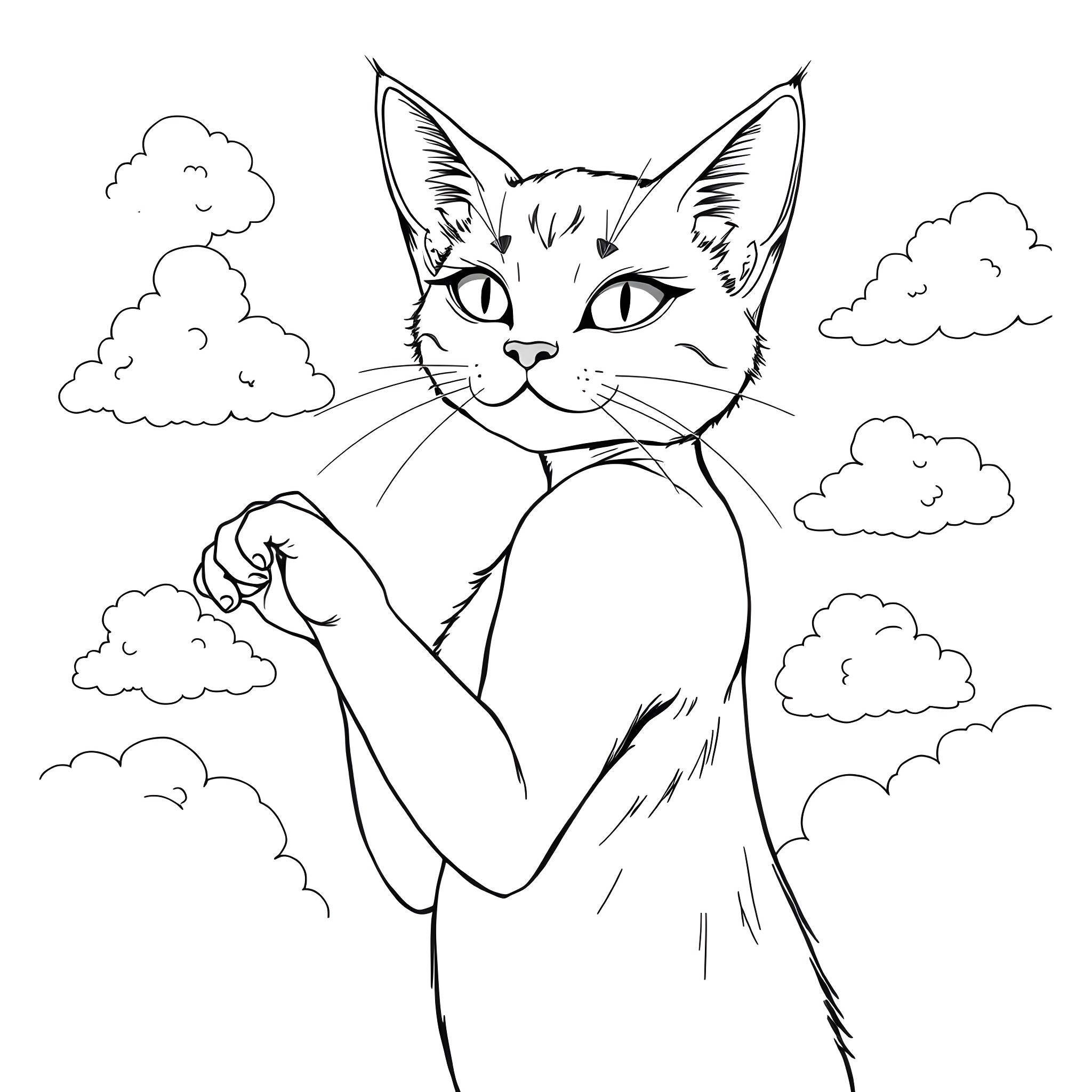 Catgirl posing in the clouds Coloring Page (free black-and-white line drawing printable PDF for all, from beginners to advanced learners, including children, teens, adults, and seniors)