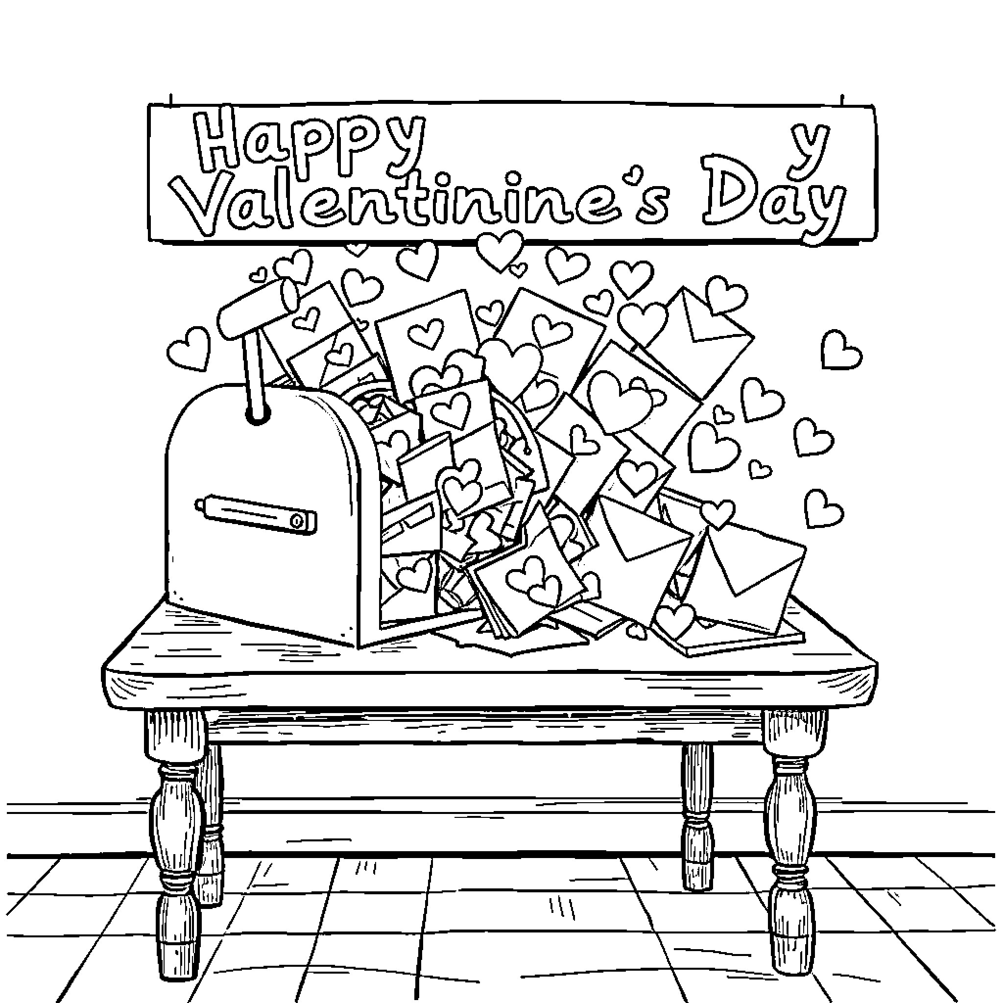 Desk with Valentine's Day cards and decorations Coloring Page (free black-and-white line drawing printable PDF for all, from beginners to advanced learners, including children, teens, adults, and seniors)