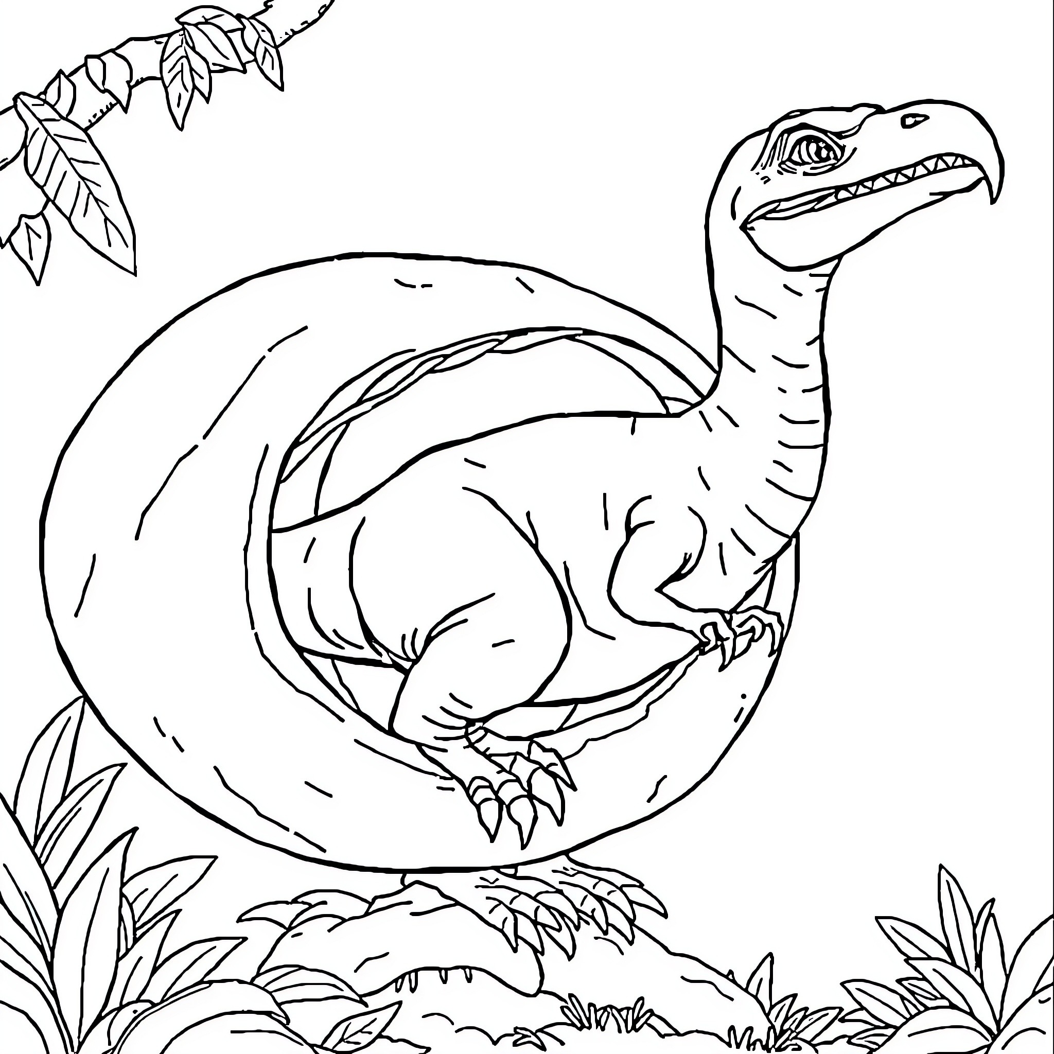 Dinosaur exploring a lush, prehistoric landscape Coloring Page (free black-and-white line drawing printable PDF for all, from beginners to advanced learners, including children, teens, adults, and seniors)