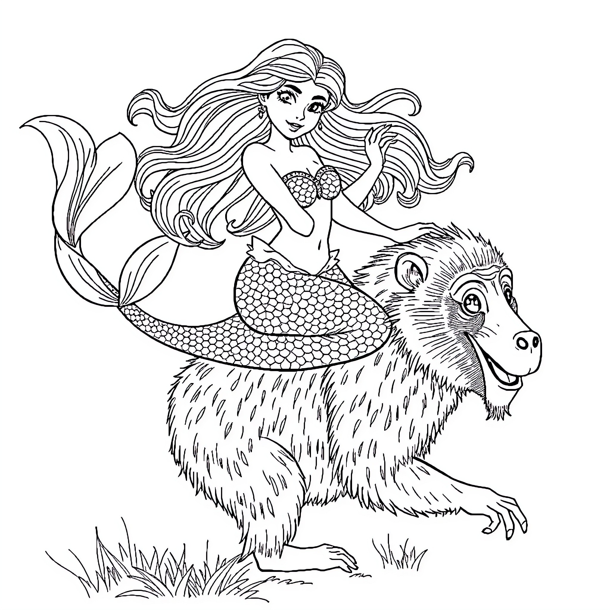 Mermaid riding a mythical beast through the sea Coloring Page (free black-and-white line drawing printable PDF for all, from beginners to advanced learners, including children, teens, adults, and seniors)