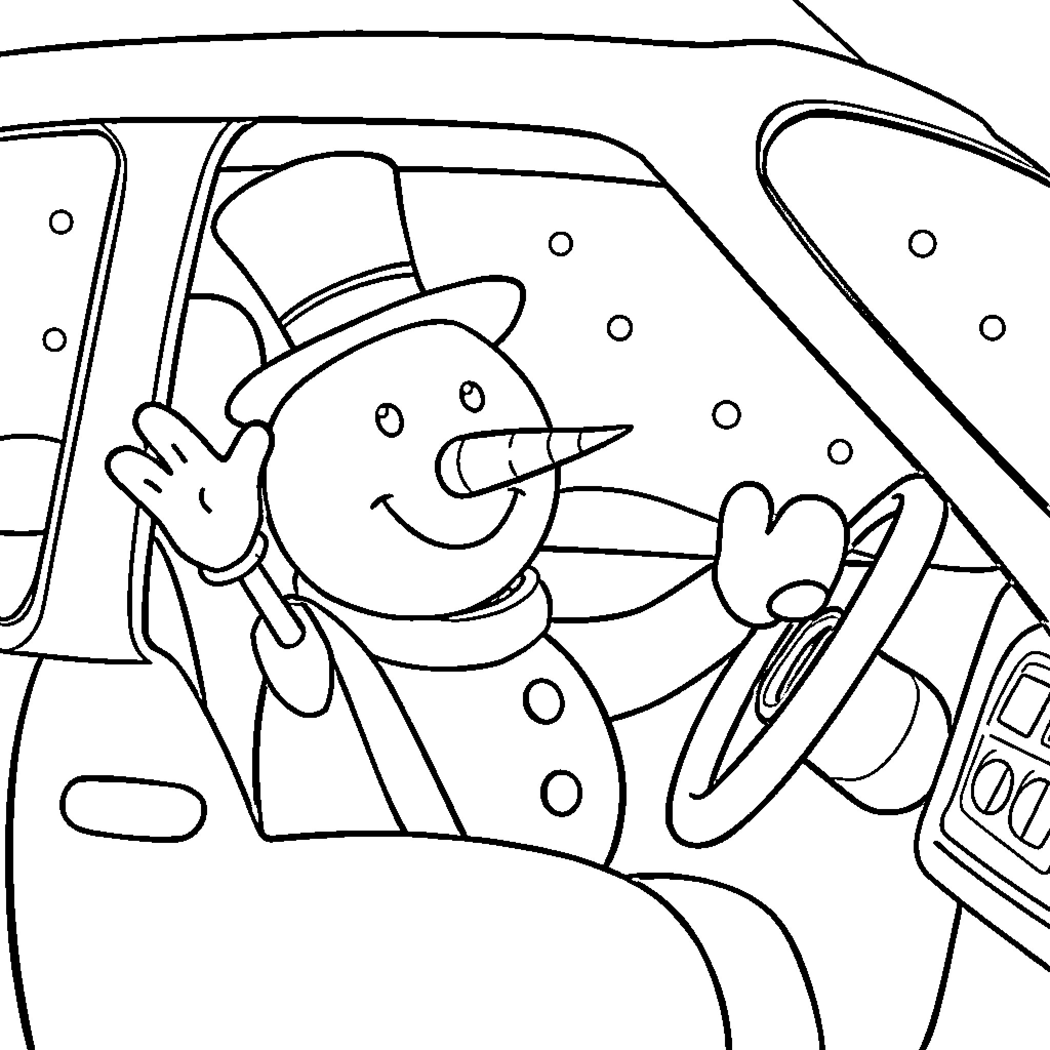 Snowman driving a car on a snowy day Coloring Page (free black-and-white line drawing printable PDF for all, from beginners to advanced learners, including children, teens, adults, and seniors)