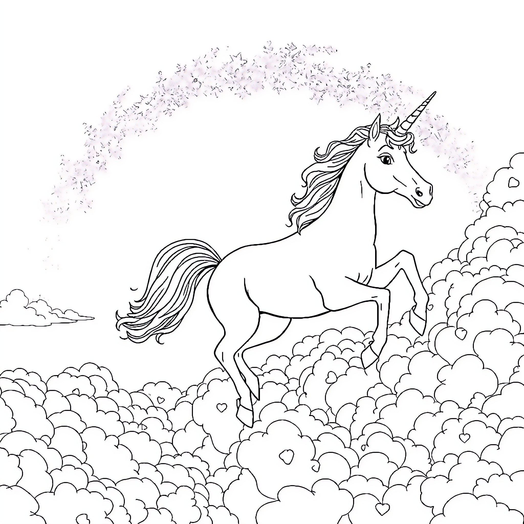 Unicorn dancing amidst magical sparkles and clouds Coloring Page (free black-and-white line drawing printable PDF for all, from beginners to advanced learners, including children, teens, adults, and seniors)