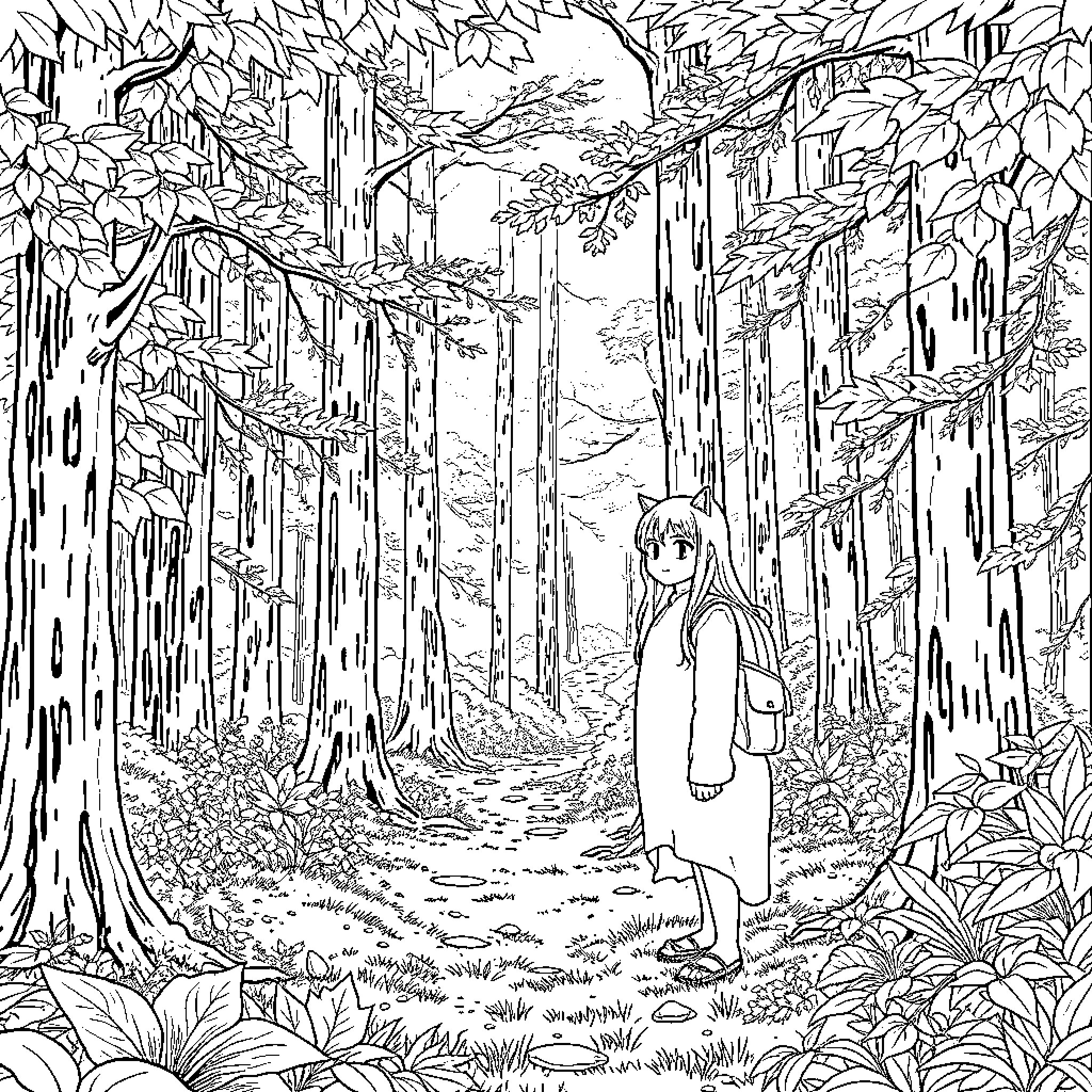 Nezuko exploring the enchanting forest Coloring Page (free black-and-white line drawing printable PDF for all, from beginners to advanced learners, including children, teens, adults, and seniors)