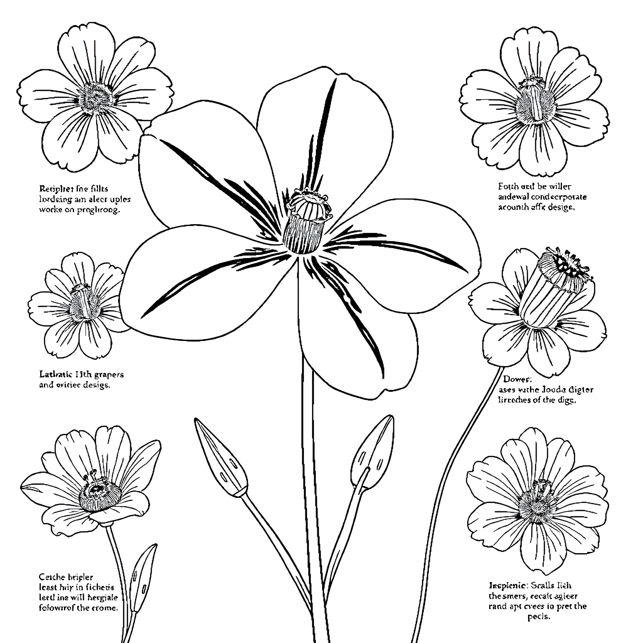 Flower Botanical Illustrations with Detailed Descriptions Coloring Page (free black-and-white line drawing printable PDF for all, from beginners to advanced learners, including children, teens, adults, and seniors)
