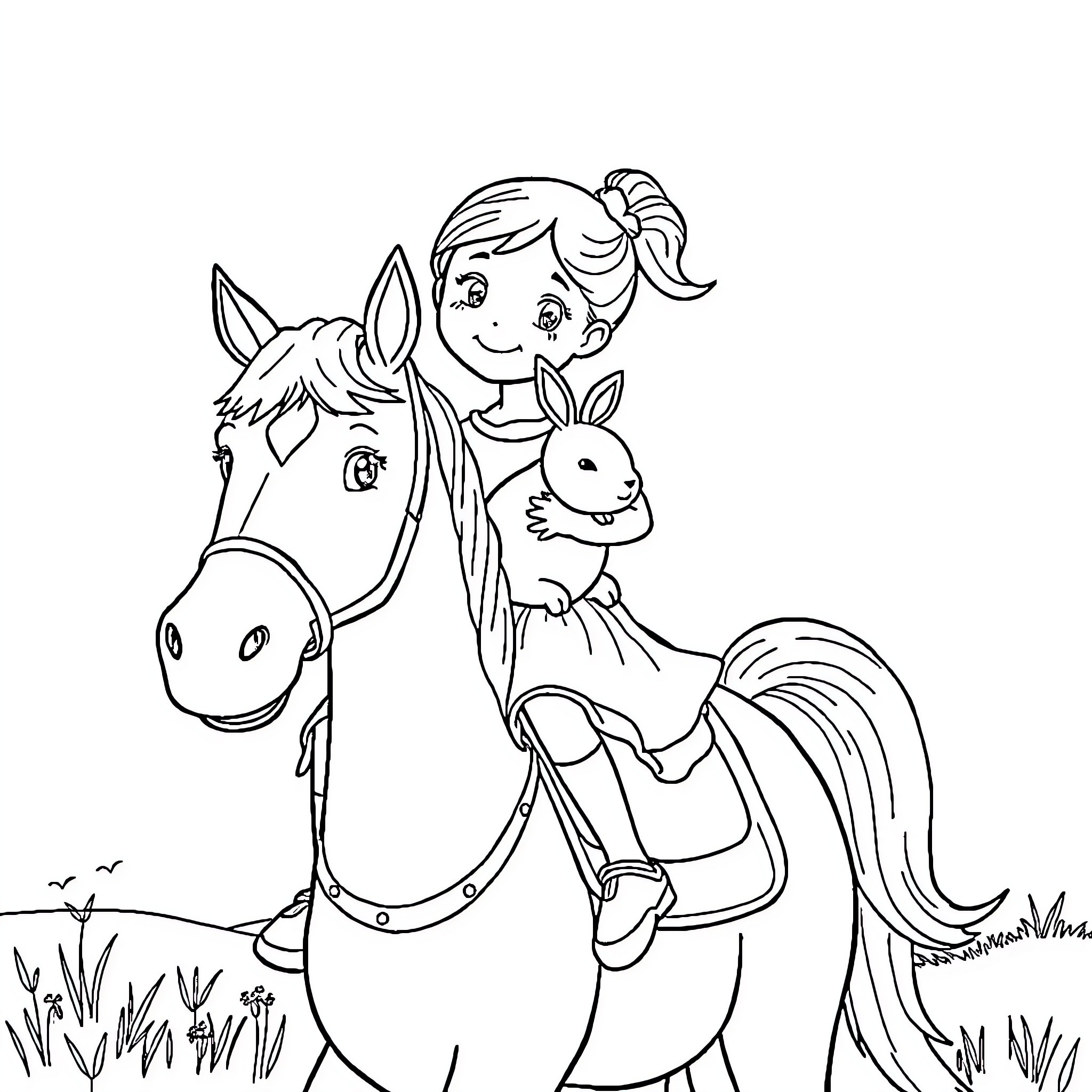 Girl Riding Pony with Pet Rabbit Coloring Page (free black-and-white line drawing printable PDF for all, from beginners to advanced learners, including children, teens, adults, and seniors)