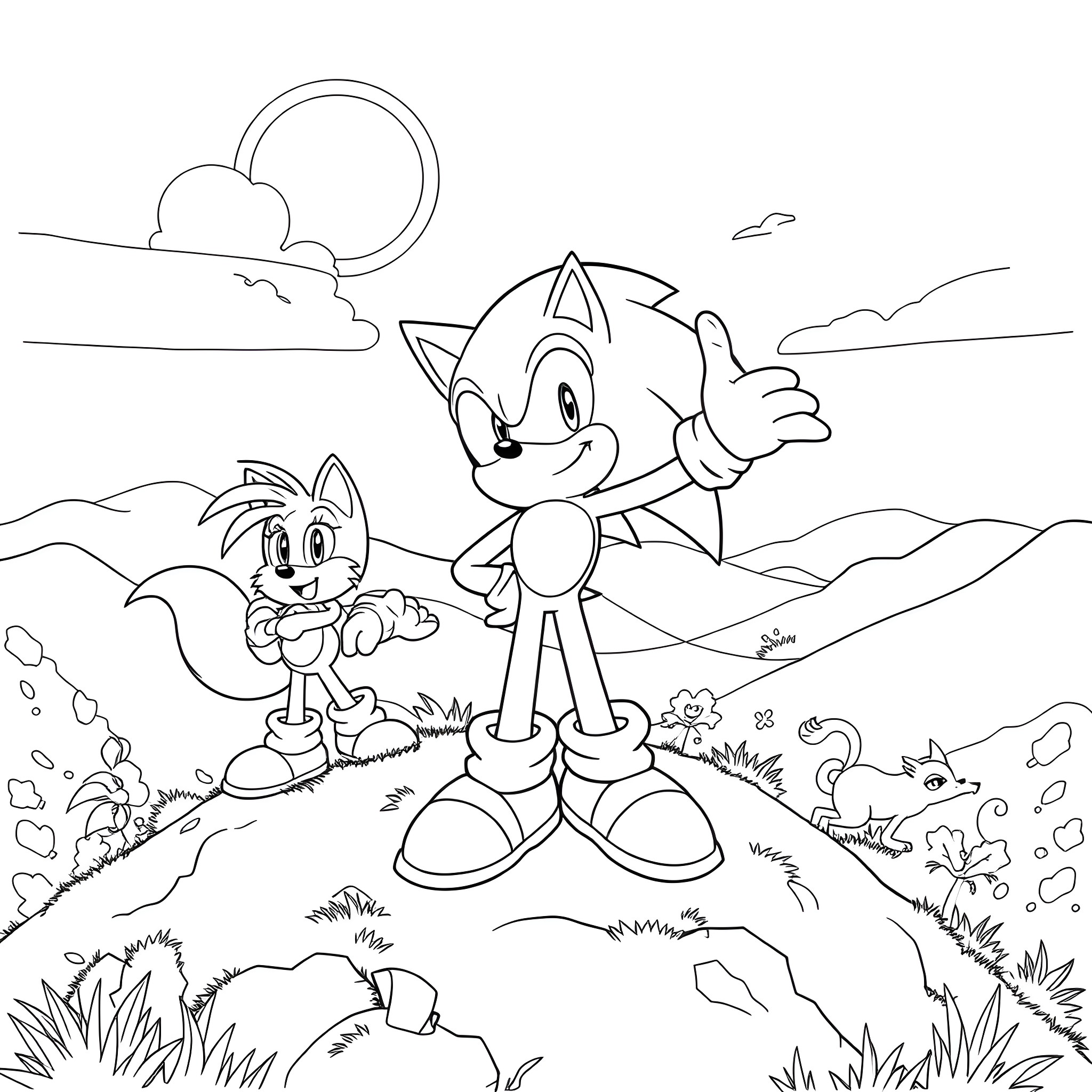 Sonic and Tails exploring the outdoors Coloring Page (free black-and-white line drawing printable PDF for all, from beginners to advanced learners, including children, teens, adults, and seniors)